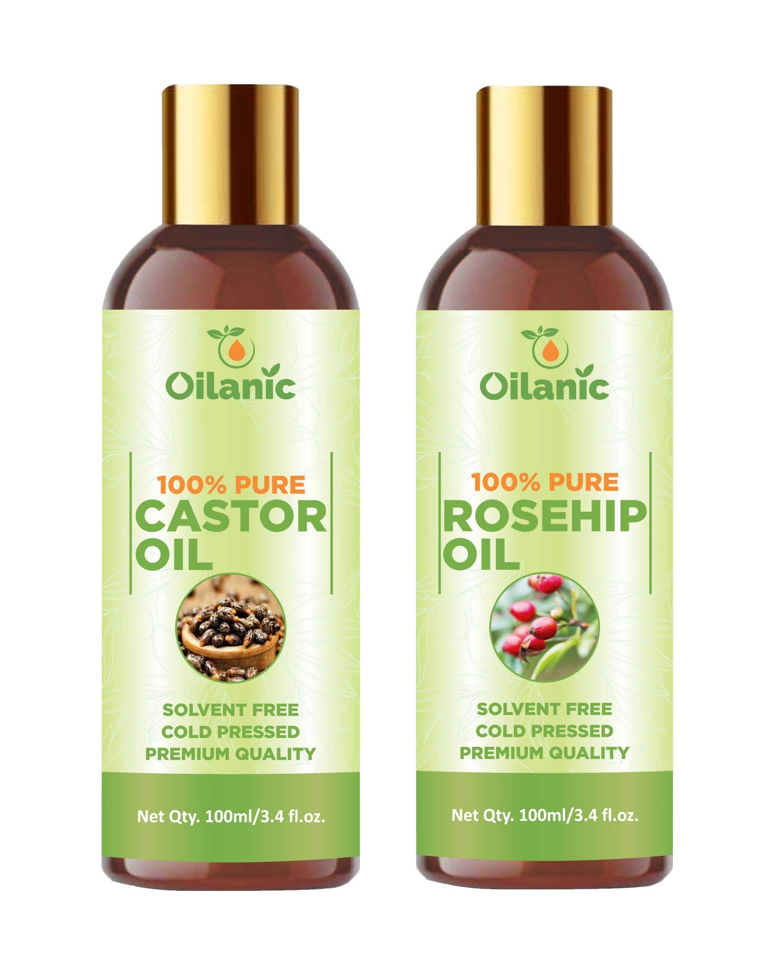 Oilanic 100% Pure & Natural Castor Oil & Rosehip Oil Combo Pack - 2 Bottles (100ml Each, 200ml Total) for Hair Growth, Skin Care & Eyelash Enhancement - Perfect for DIY Beauty Treatments & Massage Therapy