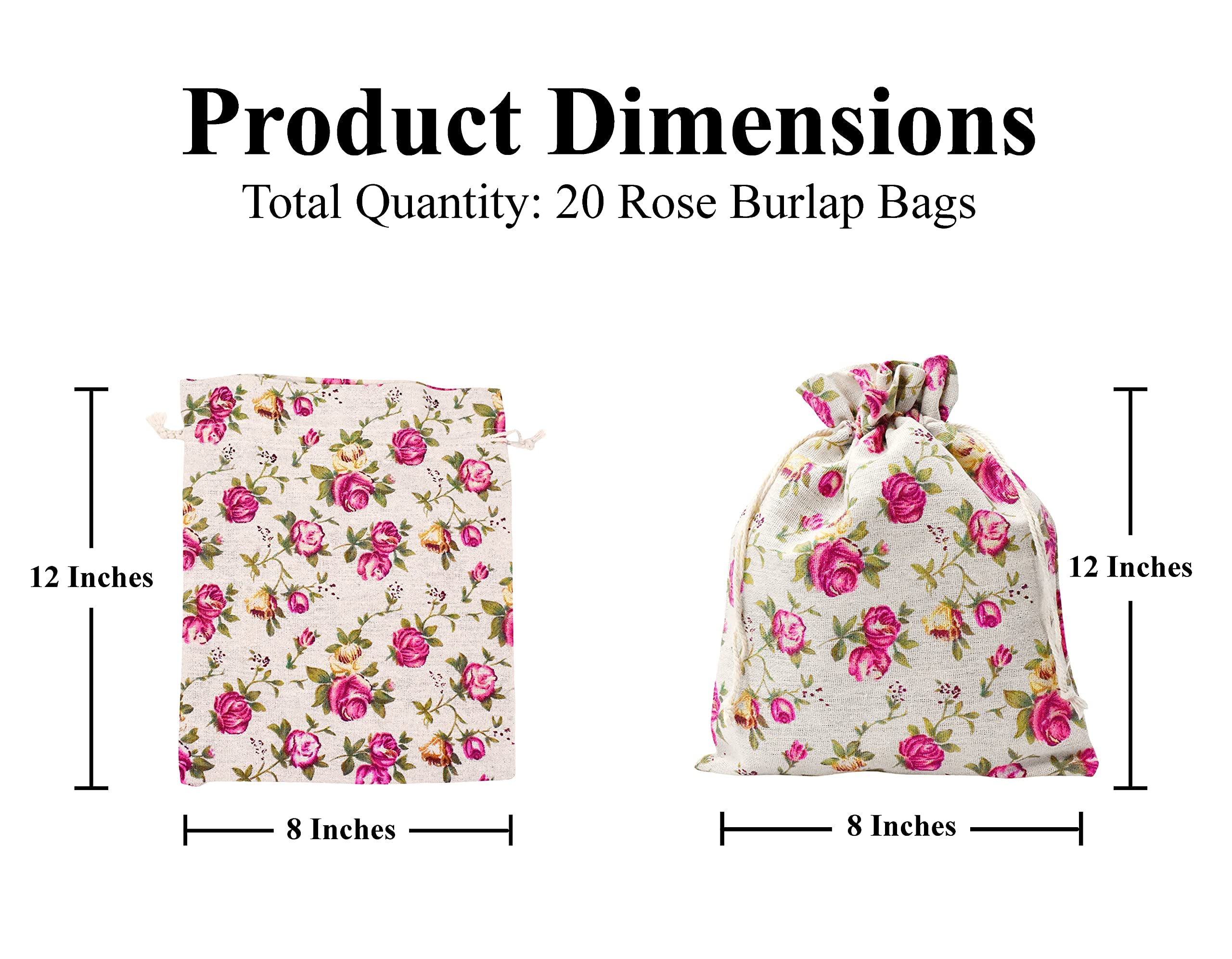Mandala Crafts Rose Burlap Drawstring Bags - Floral Linen Gift Pouches for Wedding Favors, Party Decor & Jewelry Storage (20 Pack, 8x12 Inches) - Perfect for Bridal Showers, Baby Showers & Handmade Craft Gifts