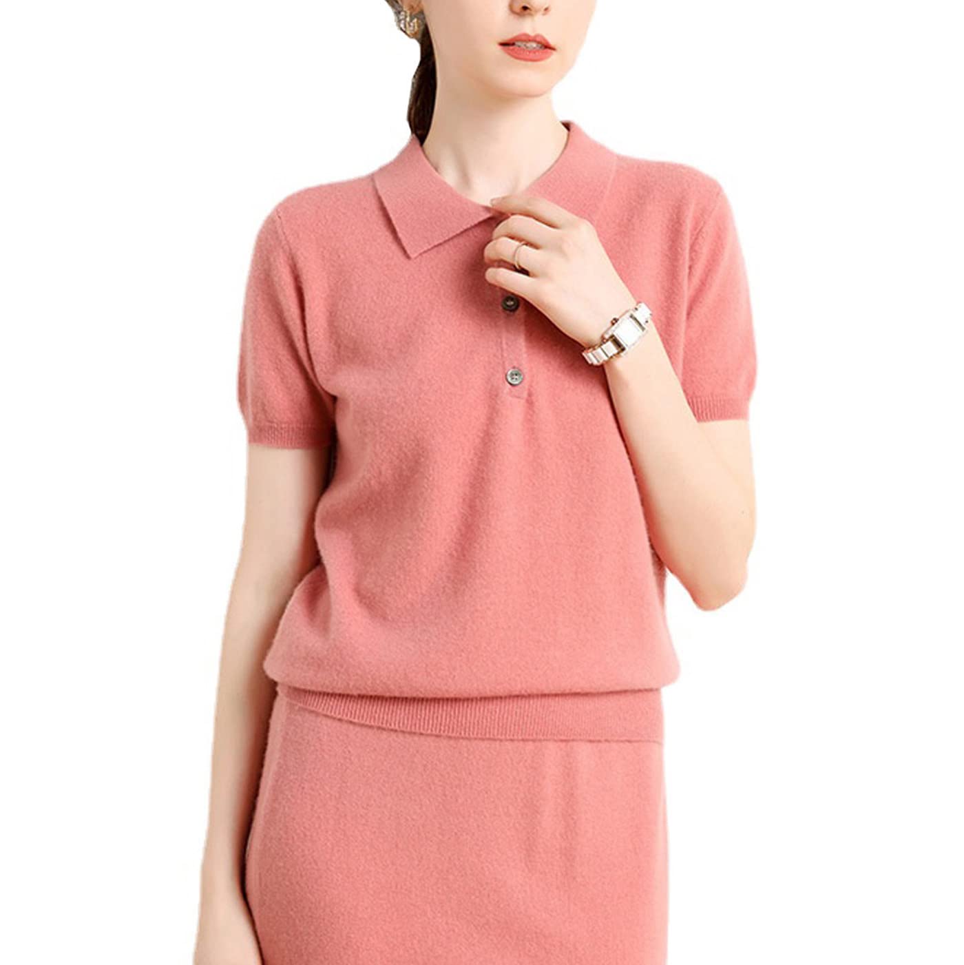 100% Pure Cashmere Women's Short Sleeve Polo Sweater - Soft & Luxurious Essential Pullover (Pink, Medium) | Perfect for Office Wear, Casual Outings & Special Occasions