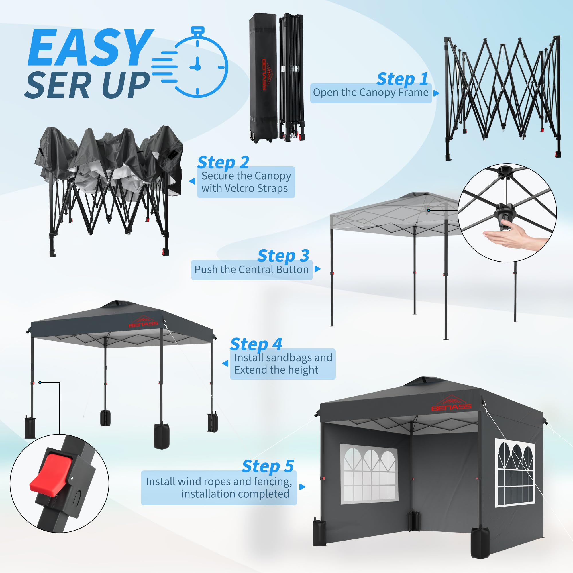 10x10 Pop Up Canopy Tent with Sidewalls - Heavy Duty Instant Shelter for Outdoor Events, Parties & Camping - Easy One-Person Setup in Grey - Perfect for Backyard BBQs, Farmers Markets & Beach Outings