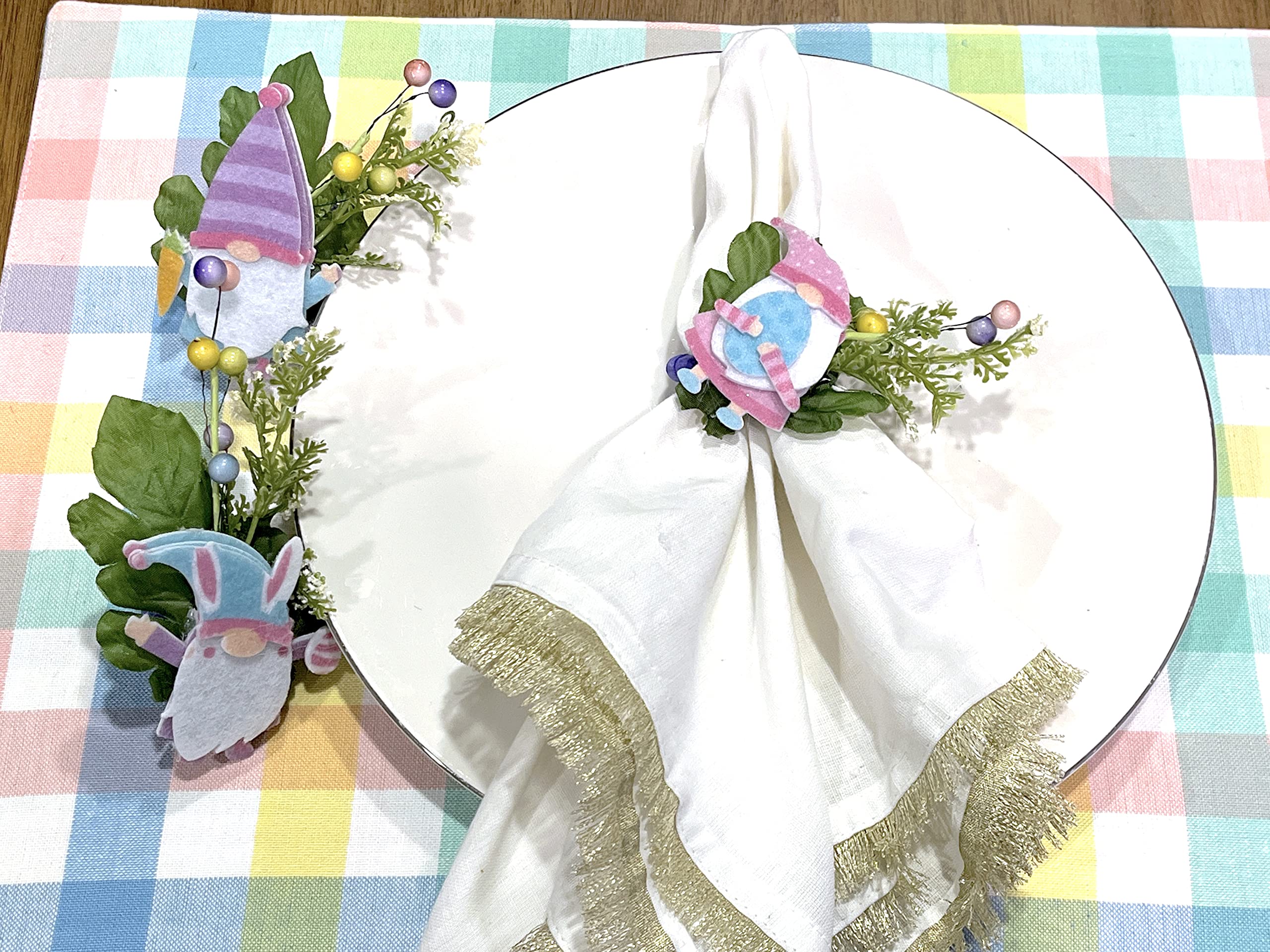 Easter Gnome Napkin Rings Set of 6 - Spring Floral Decor with Pink, Green, Blue & Yellow Bunnies - Perfect for Easter Table Settings, Spring Parties & Home Decor