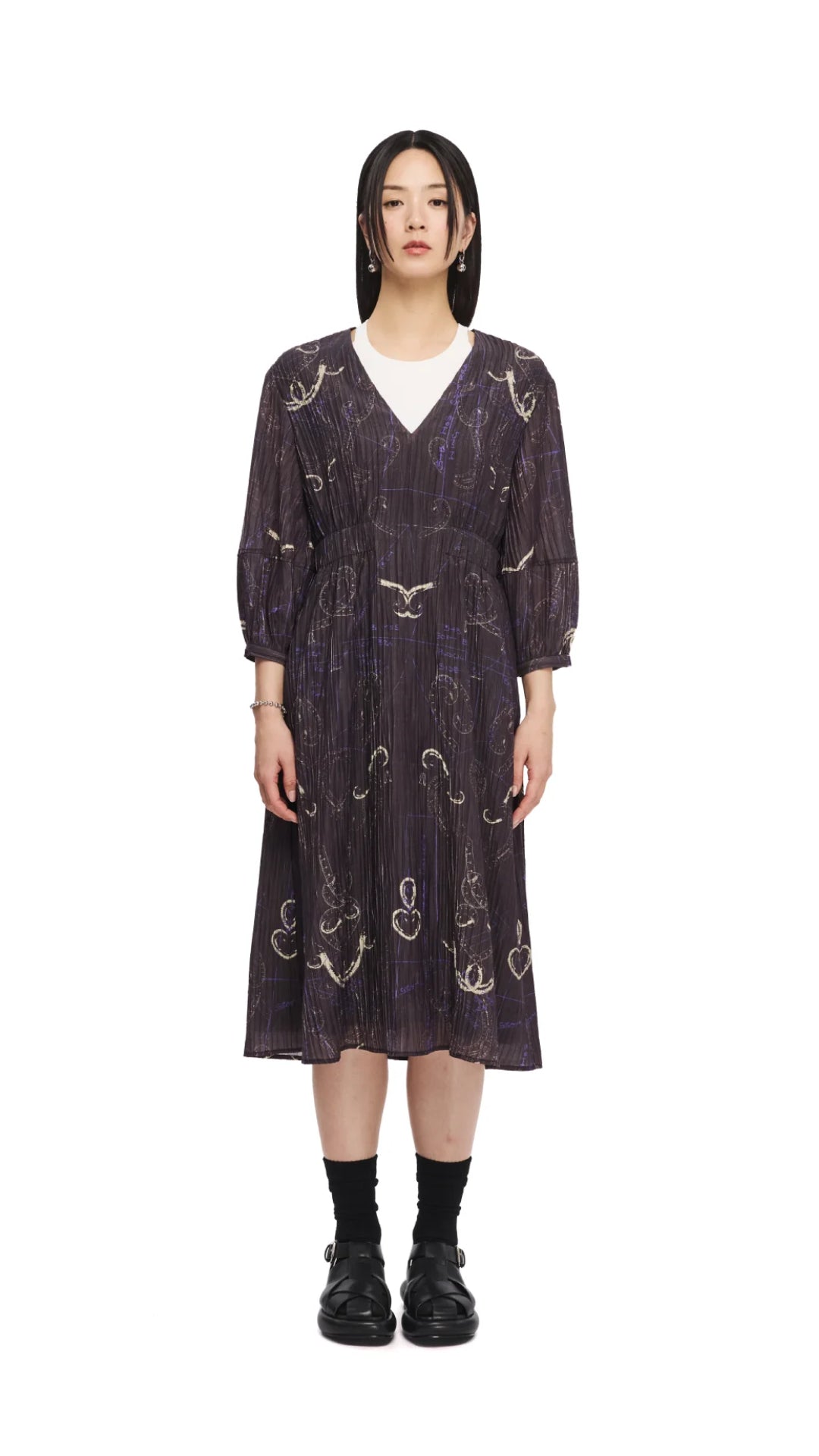 French Curve Ruler Print Puff Sleeves Dress - Elegant Floral Pattern Summer Dress for Women, Perfect for Parties, Dates & Office Wear