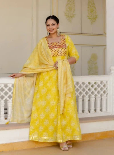 Plus Size Yellow Embroidered Anarkali Kurta & Dupatta Set for Women | Traditional Indian Ethnic Dress for Festivals, Weddings & Special Occasions
