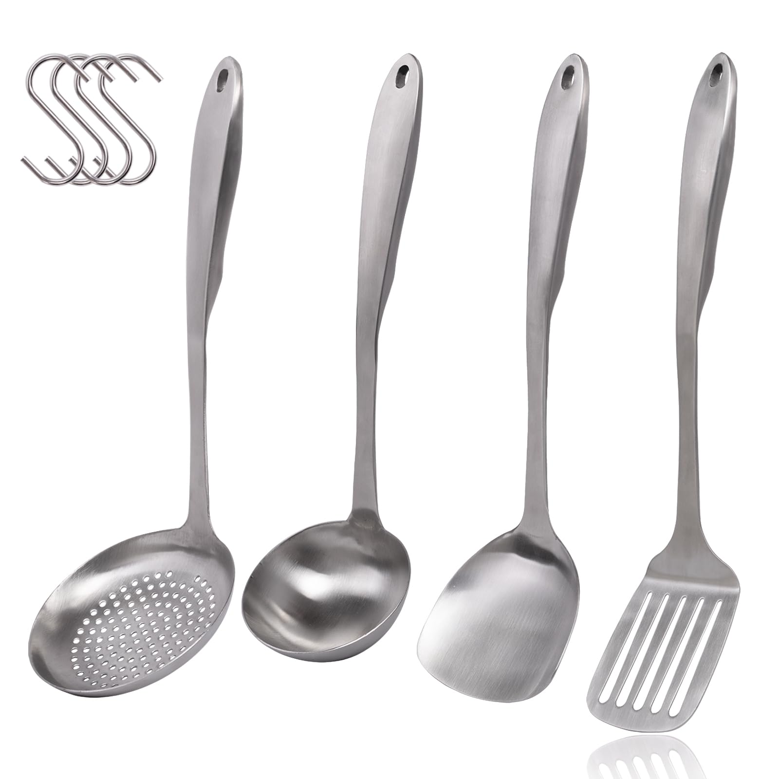 Premium 4-Piece Stainless Steel Kitchen Utensil Set - 304 Grade Spatula, Soup Ladle, Wok Turner & Skimmer Spoon with Heat-Resistant Handles | Dishwasher Safe Cooking Tools for Frying, Stir-Frying & Serving | Ideal for Home Chefs & Professional Kitchens