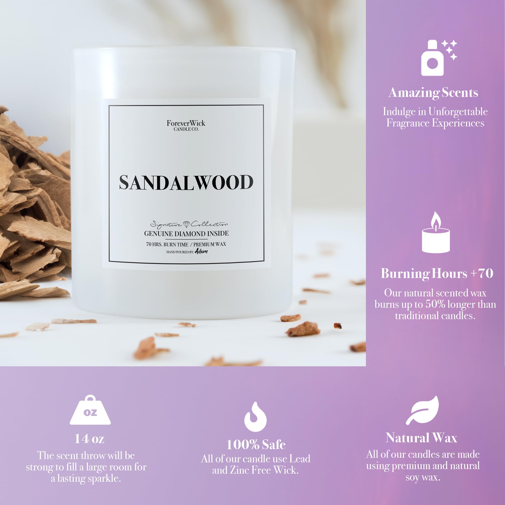 Foreverwick Sandalwood Scented Candle - 14 oz, 70-Hour Burn Time | Aromatherapy Candle for Relaxation, Stress Relief & Home Decor | Perfect Anniversary Gift & Spa Bath Essential | Strong Fragrance for Meditation, Yoga & Bedroom Ambiance