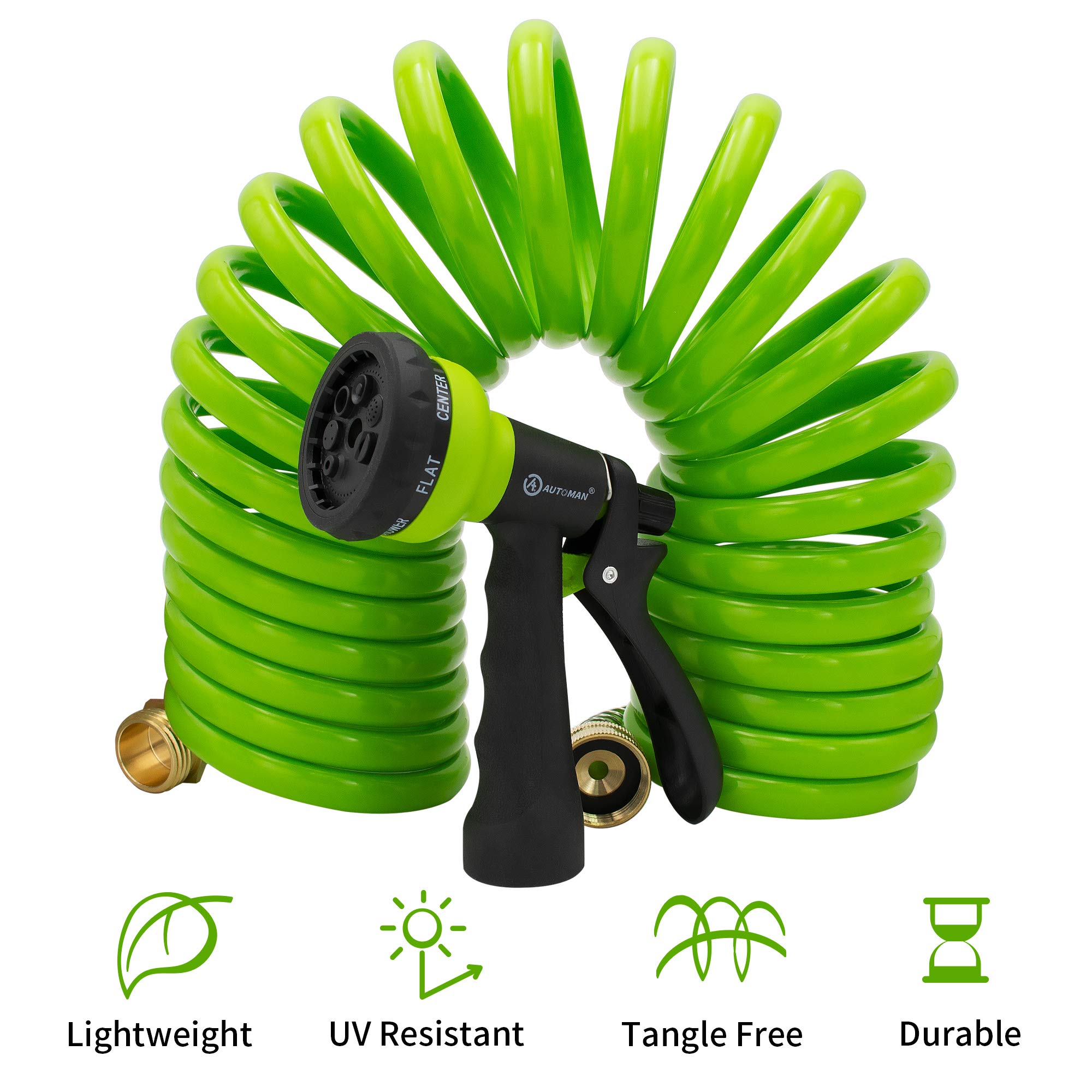 AUTOMAN EVA Recoil Expandable Garden Hose 25ft - 7 Pattern Spray Nozzle, Flexible Curly Water Hose, Retractable & Corrosion Resistant for Lawn, Garden & Car Washing (Green) - Perfect for Watering Plants, Washing Vehicles and Outdoor Cleaning