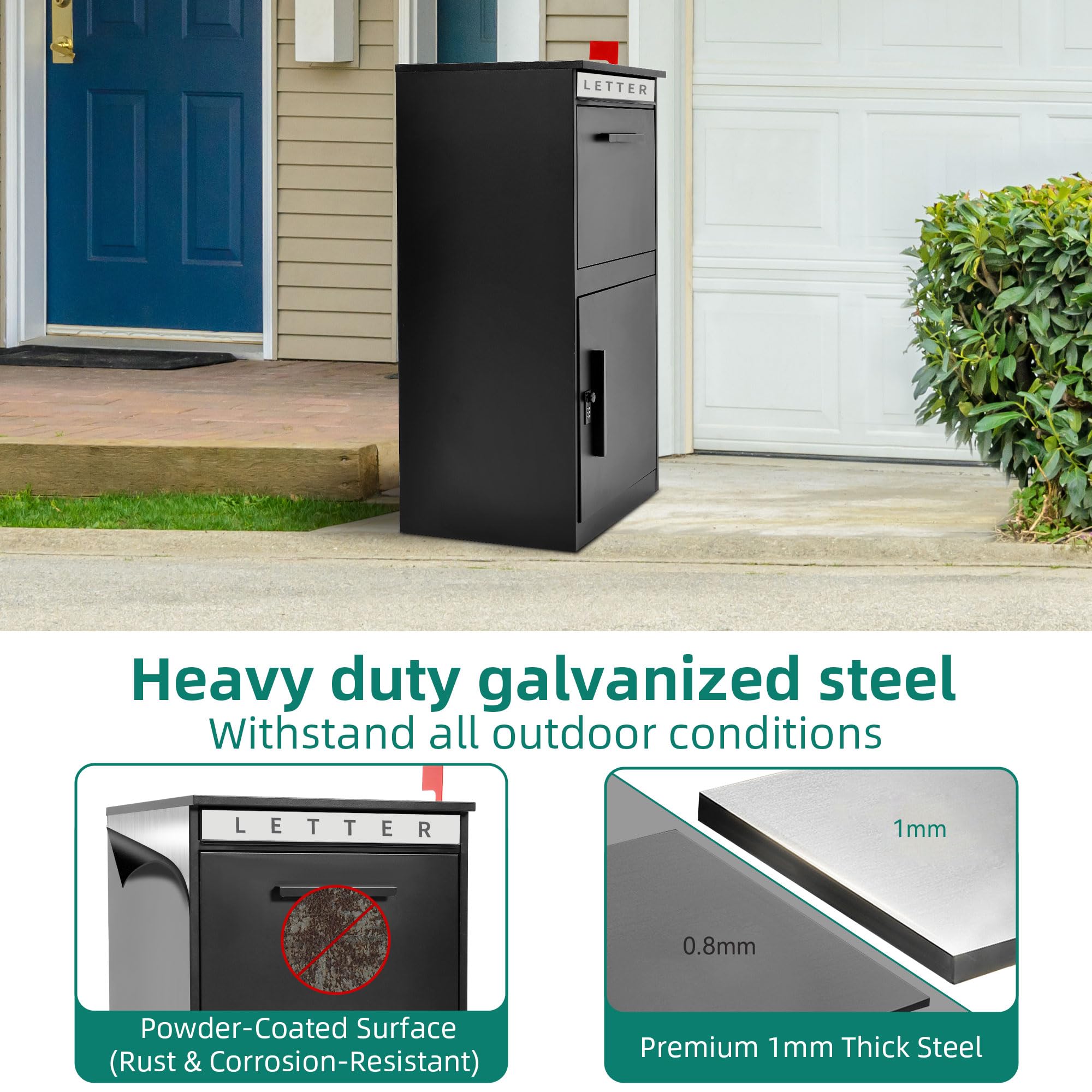 YITAHOME 18.9x15x35.4 Inch Large Outdoor Package Delivery Box with Coded Lock - Waterproof Anti-Theft Parcel Drop Box for House, Porch, Curbside - Perfect for Secure Online Shopping Deliveries & Contactless Package Storage - Black