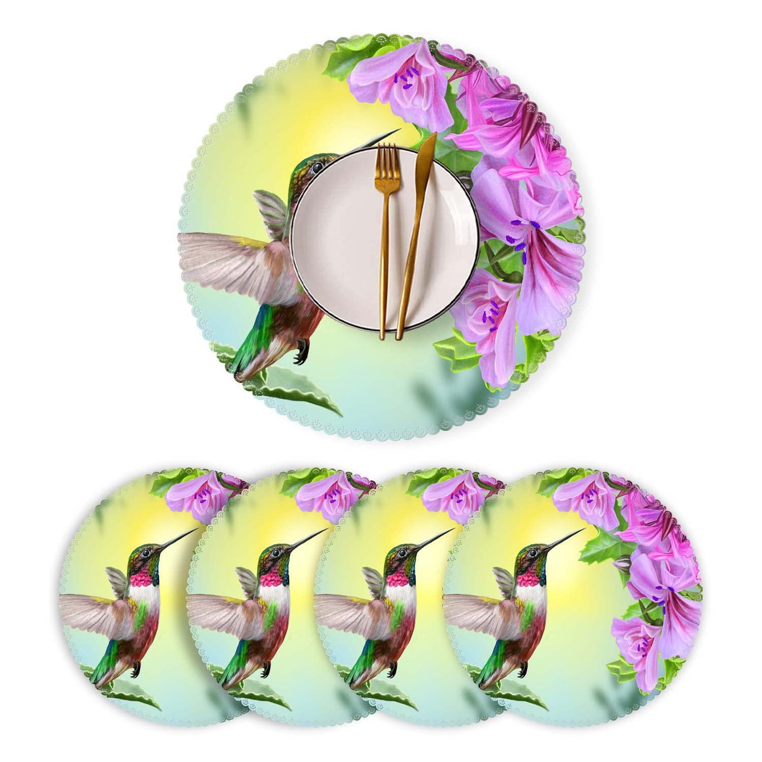 Round Heat-Resistant Washable Polyester Placemats Set of 4 - Hummingbird & Floral Design for Kitchen & Dining Table Decor | Perfect for Everyday Meals, Dinner Parties & Home Styling