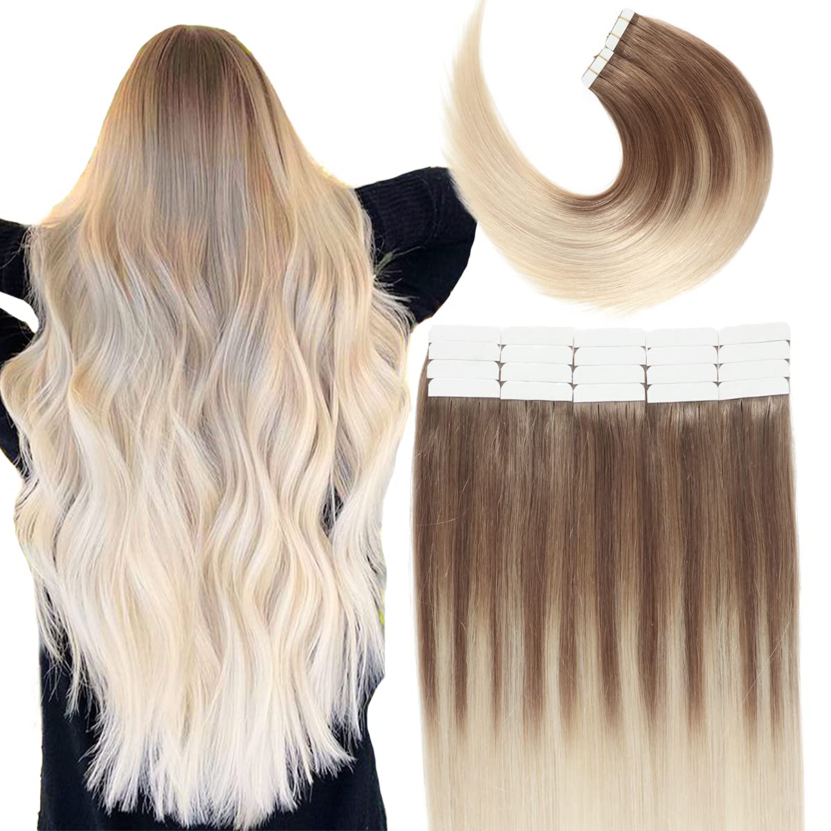 VINBAO 20Pcs Tape In Hair Extensions 50 Grams - 100% Real Human Remy Hair, Seamless & Natural Look (14inch, #8 Ash Brown to #60 Platinum Blonde Balayage) - Perfect for Daily Wear, Parties, Weddings & Special Occasions