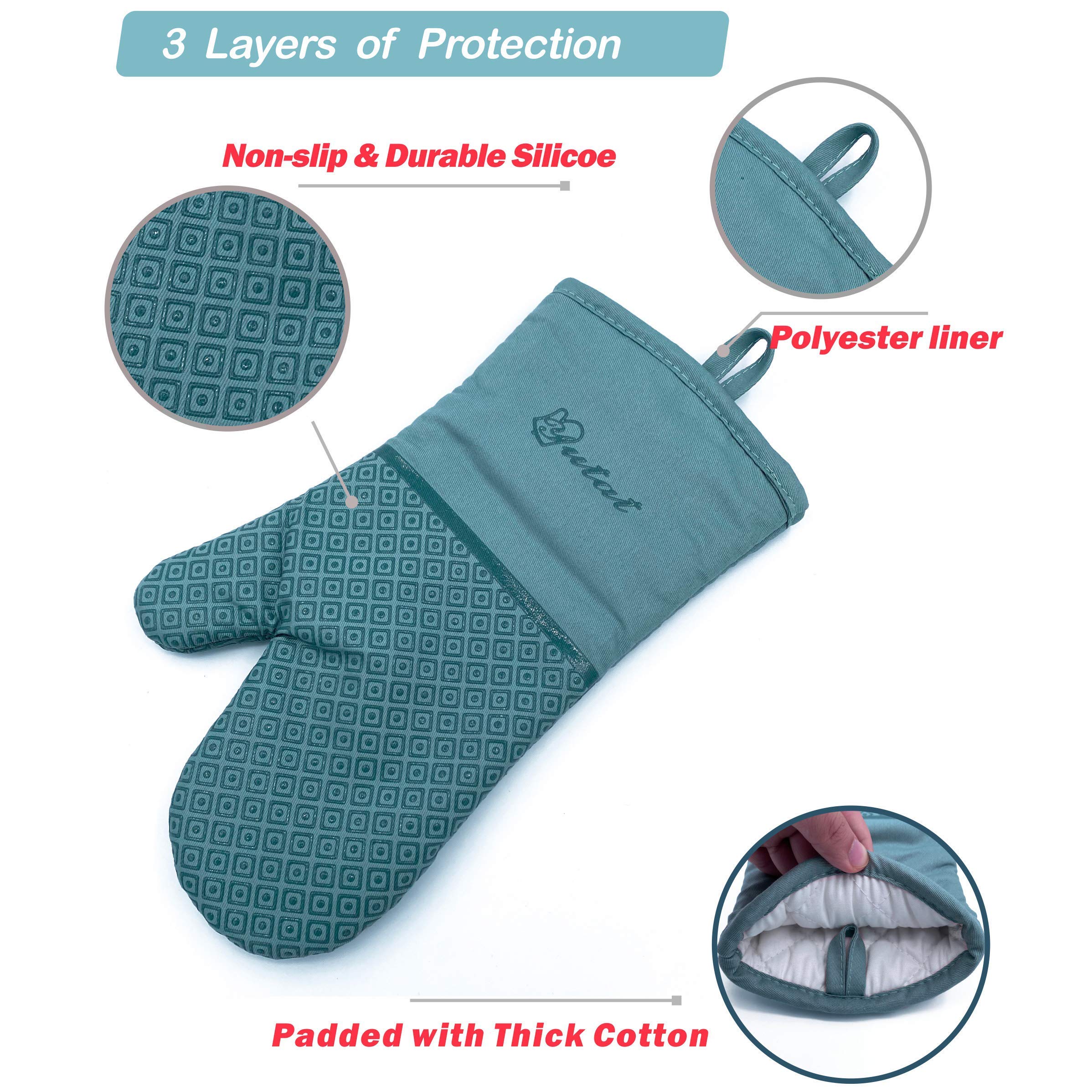 YUTAT 4-Piece Heat Resistant Oven Mitts and Pot Holders Set - Food Grade Silicone Non-Slip Grip for Kitchen Cooking, Baking & BBQ - Perfect for Grilling, Roasting, and Handling Hot Dishes (Teal)
