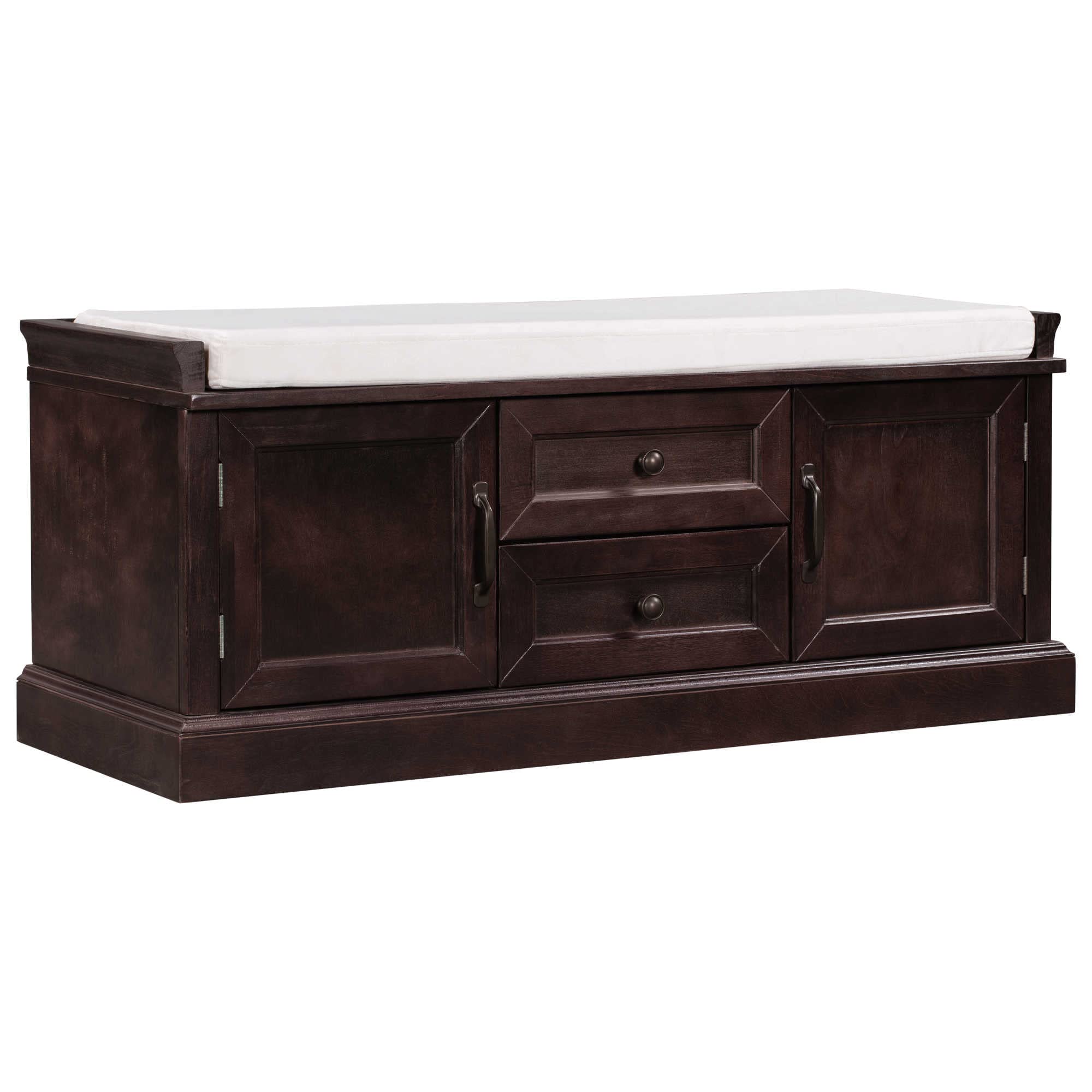 Rustic Wooden Storage Bench with 2 Cabinets & 2 Drawers - Entryway Shoe Bench with Removable Cushion | Multi-Functional Organizer for Bedroom, Hallway & Living Room | Perfect for Shoes, Blankets & Home Decor Storage