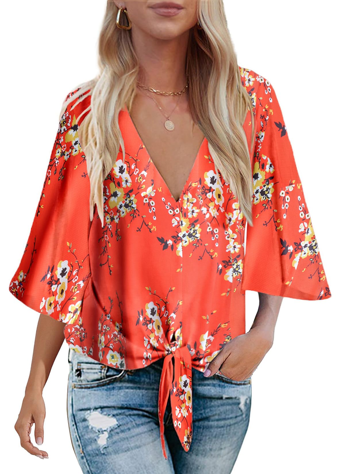 Bluetime Women's Summer Tops - Boho Style 3/4 Sleeve V-Neck Tie Front Shirt Casual Floral Blouse for Beach, Vacation & Everyday Wear