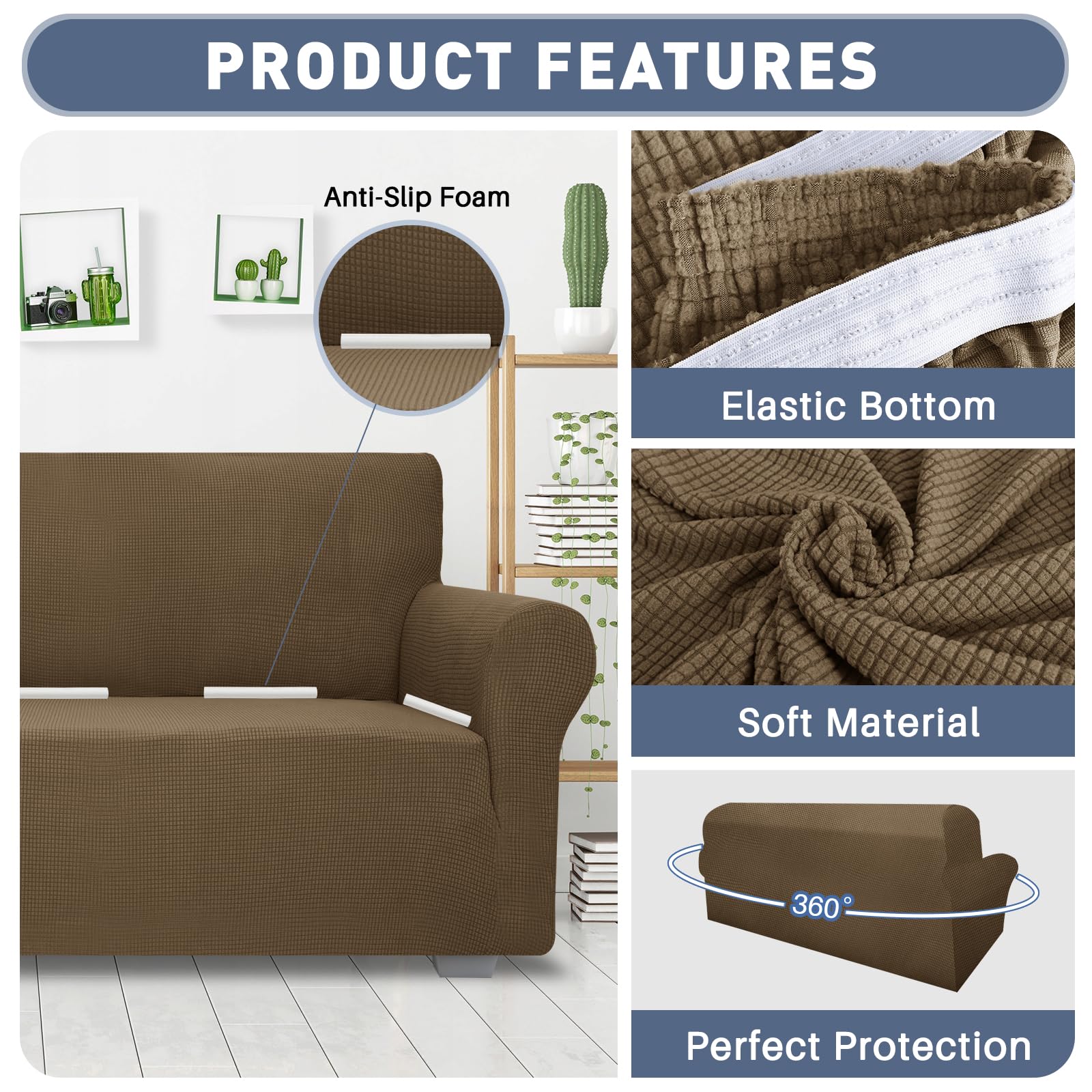JIVINER Stretch Sofa Cover for 3-Cushion Couches - Extra Large 1-Piece Elastic Slipcover with Anti-Slip Bottom, Furniture Protector for Pets (Brown, XL) - Perfect for Living Room, Family Room & Pet-Friendly Homes