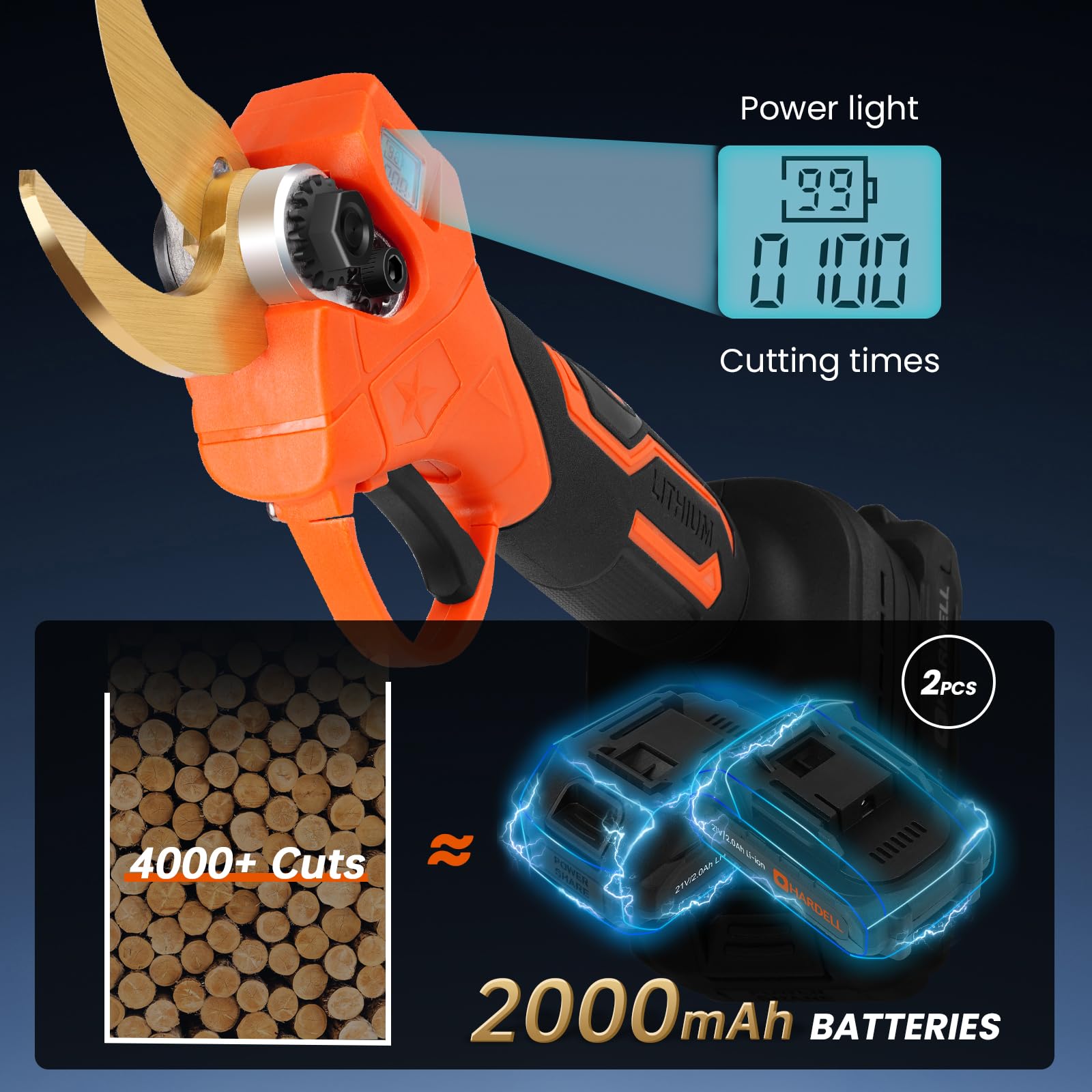 HARDELL 21V Cordless Electric Pruning Shears with LCD Display - Brushless Motor Tree Branch Cutter with 2 Rechargeable Batteries & Replacement Blade - Perfect for Gardening, Landscaping, and Tree Trimming