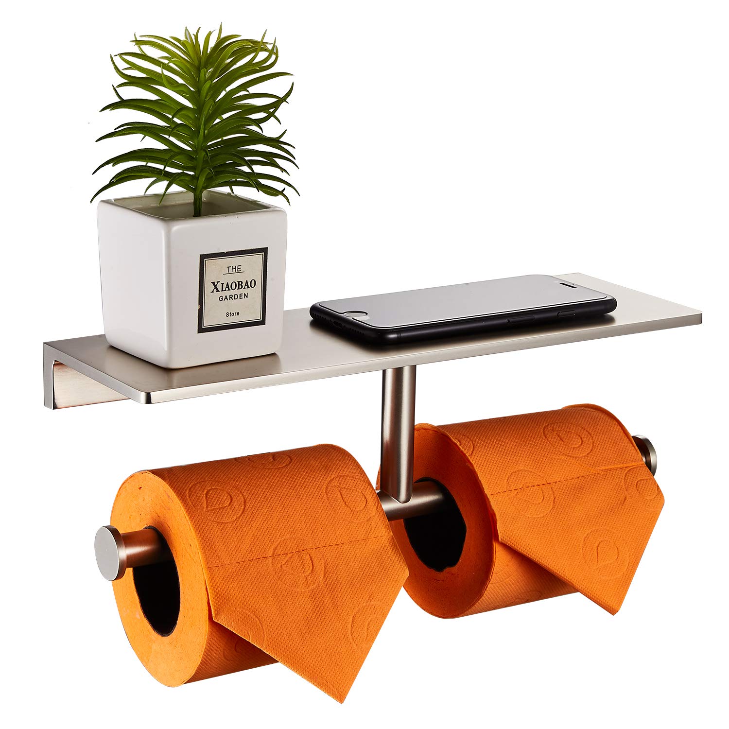Premium Double Roll Toilet Paper Holder with Shelf - Solid Brass Hotel Style Tissue Dispenser - Polished Nickel Finish - Bathroom Storage Solution for Luxury Homes & Hotels
