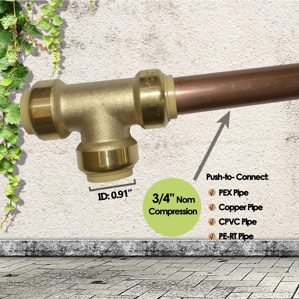 HQMPC 3/4 Inch PEX Tee Push Fit Plumbing Fitting - Brass Push-to-Connect Water Pipe Connector - 12 Pack for Home Plumbing, DIY Repairs, and Water Supply Systems