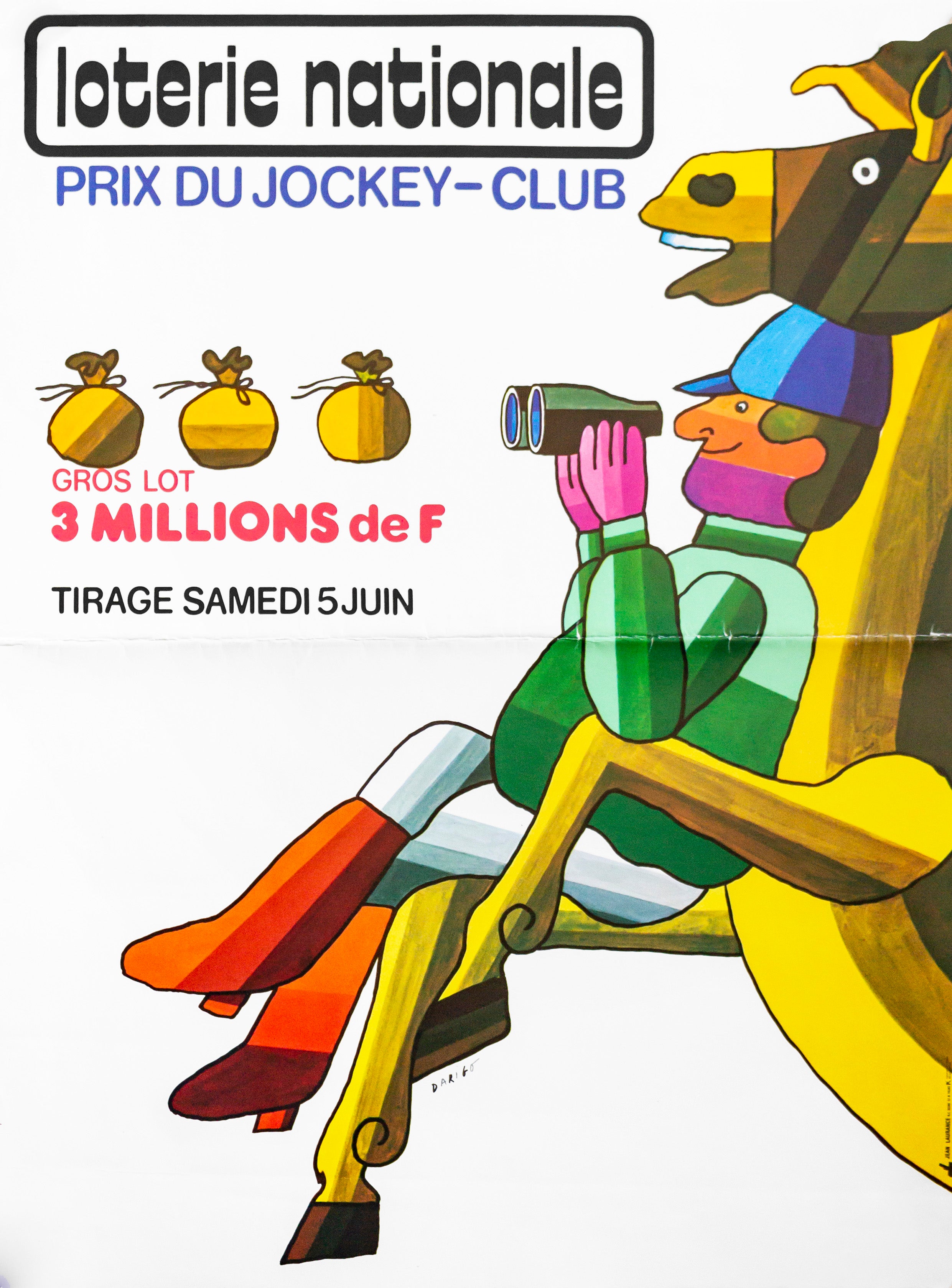 Vintage 1970s French Loterie Nationale Poster - Prix du Jockey Retro Lottery Art Print | Home Decor, Office Wall Art, Collector's Item