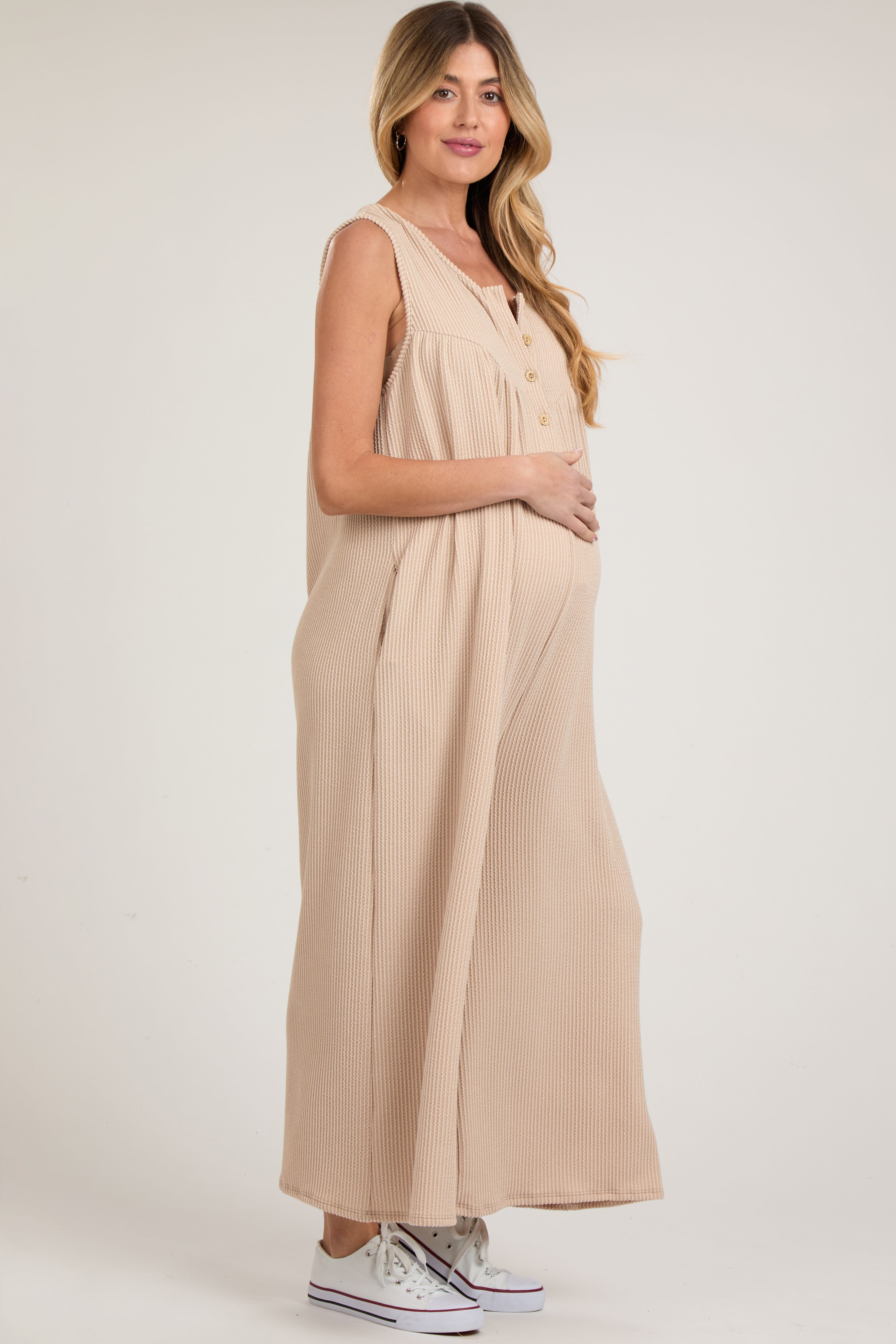 Beige Ribbed Sleeveless Button Front Maternity Jumpsuit for Women - Comfortable Pregnancy Outfit for Summer, Nursing, Photoshoot & Casual Wear