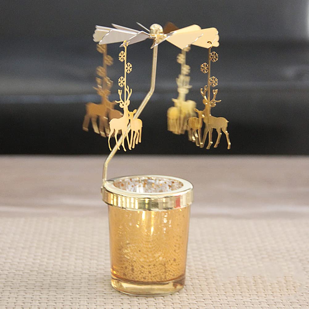 Rotating Gold Starlight Glass Christmas Candle Holders - Elegant Deer Design Candlestick for Wedding, Anniversary & Holiday Table Decor - Perfect for Christmas, Thanksgiving, Restaurant & Home Decoration