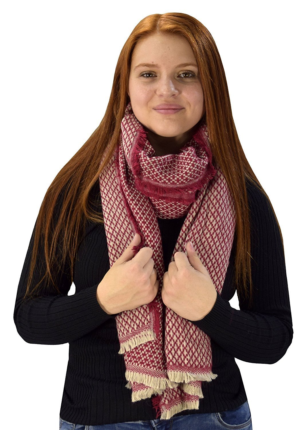 Cozy Oversized Basket Weave Blanket Scarf Shawl - Maroon | Winter Fashion Accessory for Women, Perfect for Cold Weather, Travel & Outdoor Activities