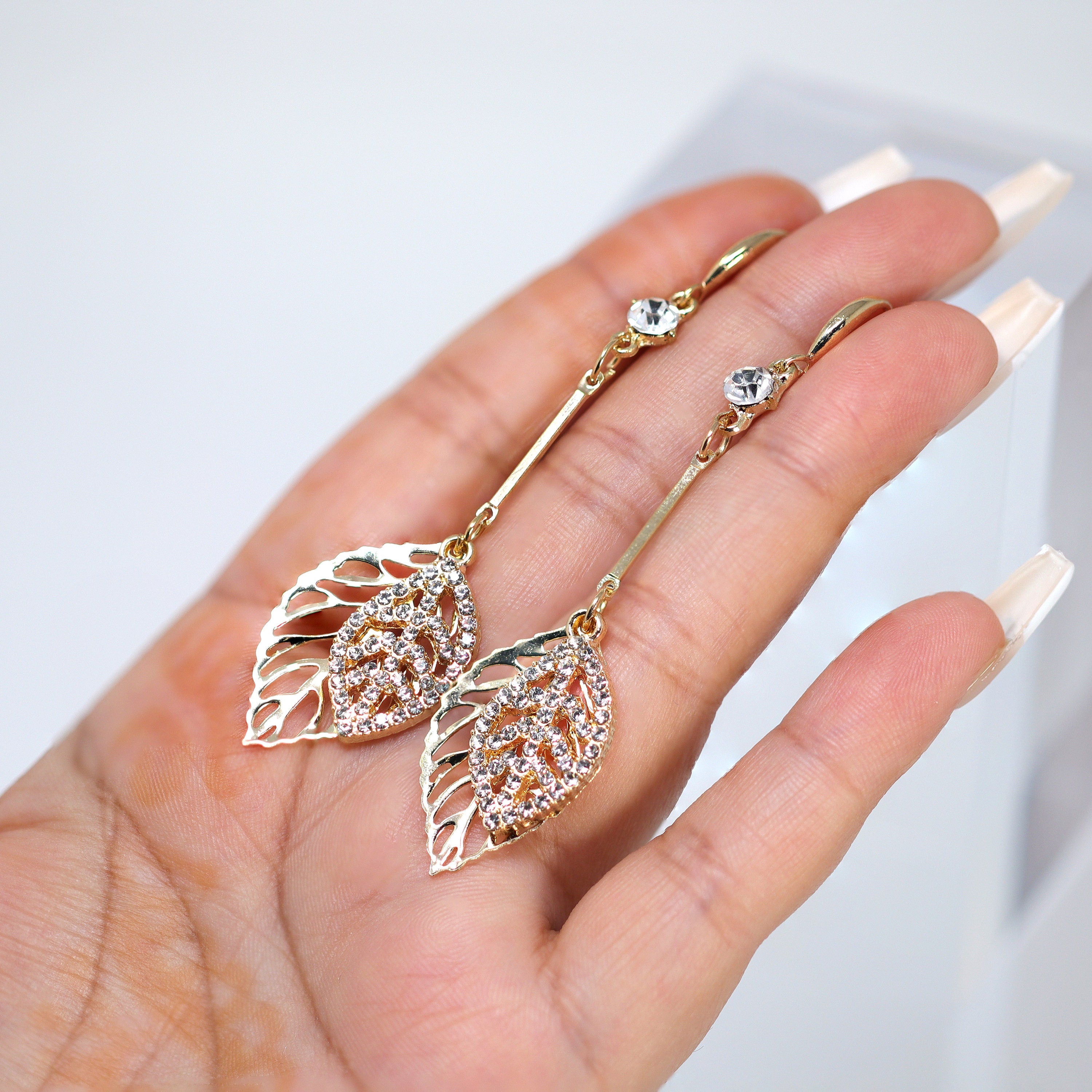 Gold Leaf Drop Earrings for Women - Long Crystal Bridal Jewelry with CZ Stones - Elegant Statement Earrings for Wedding, Party & Special Occasions