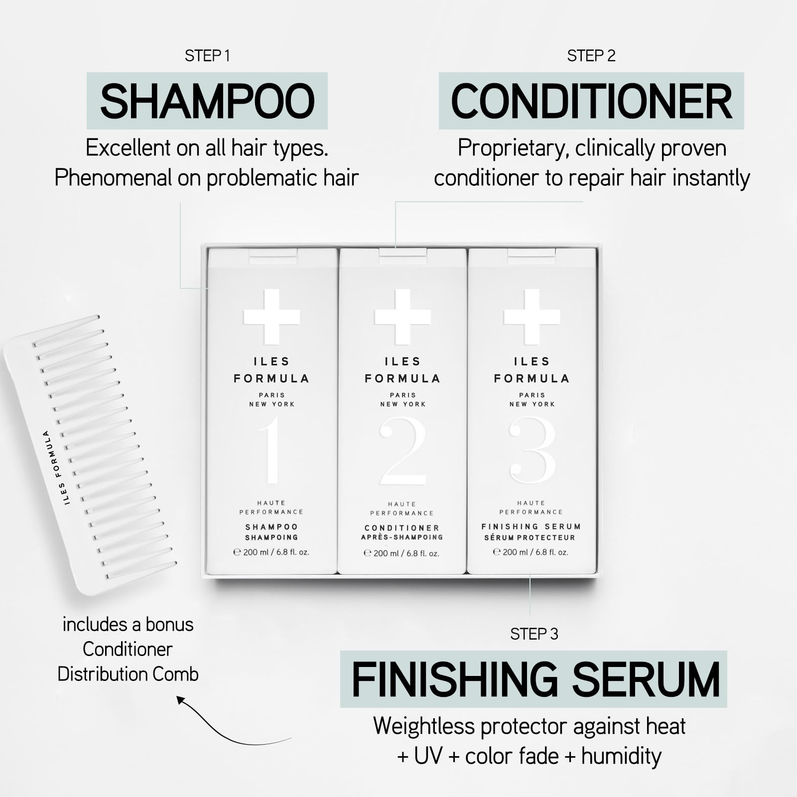 Iles Formula Signature Collection Shampoo, Conditioner & Finishing Serum Set with Limited Edition Gift Sleeve & Comb - Premium Hair Care for Women - Perfect for Gifting, Special Occasions & Daily Hair Routine