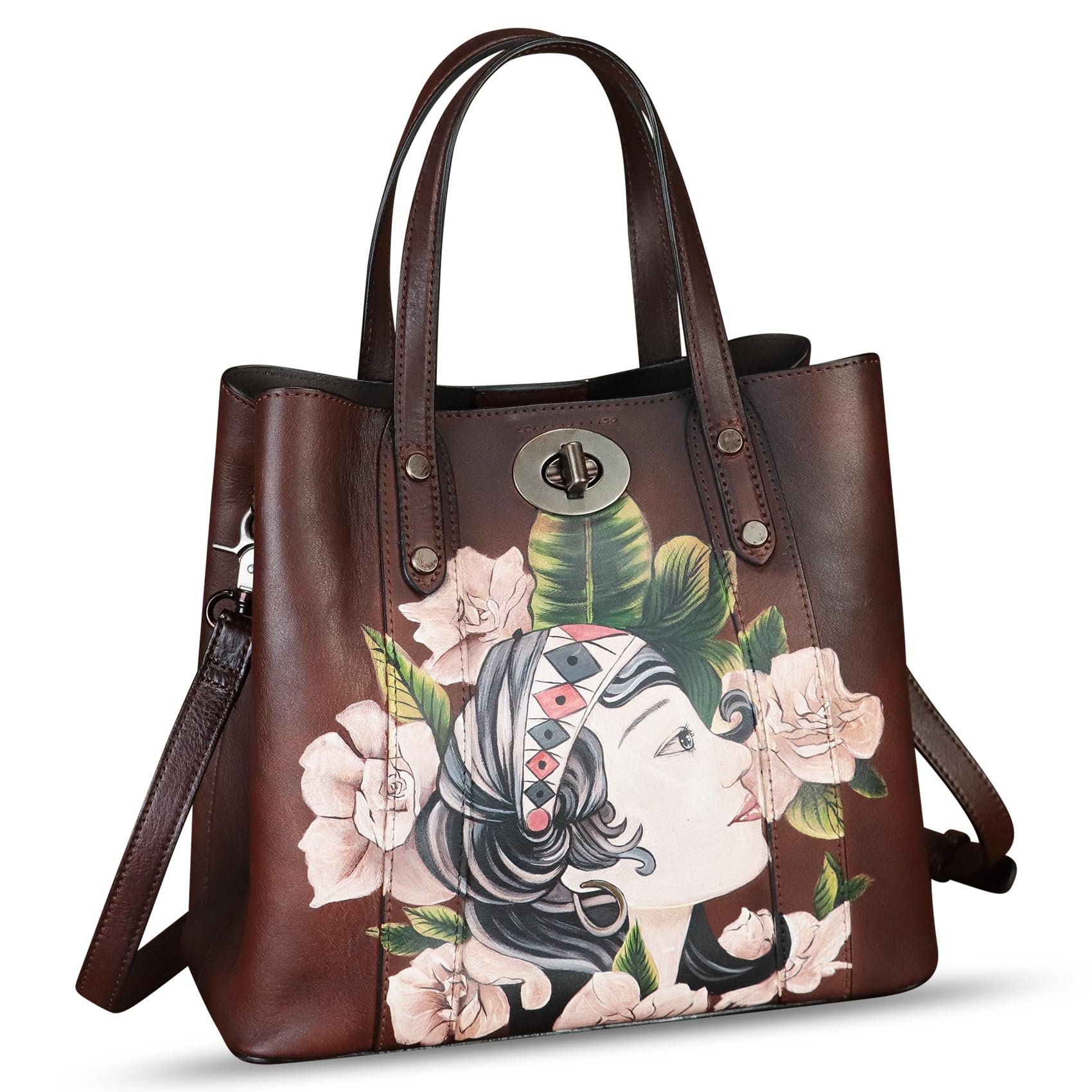Genuine Leather Handbag for Women - Handcrafted Satchel with Hand-Painted Design, Work Tote & Casual Shoulder Purse - Perfect for Office, Travel & Everyday Use