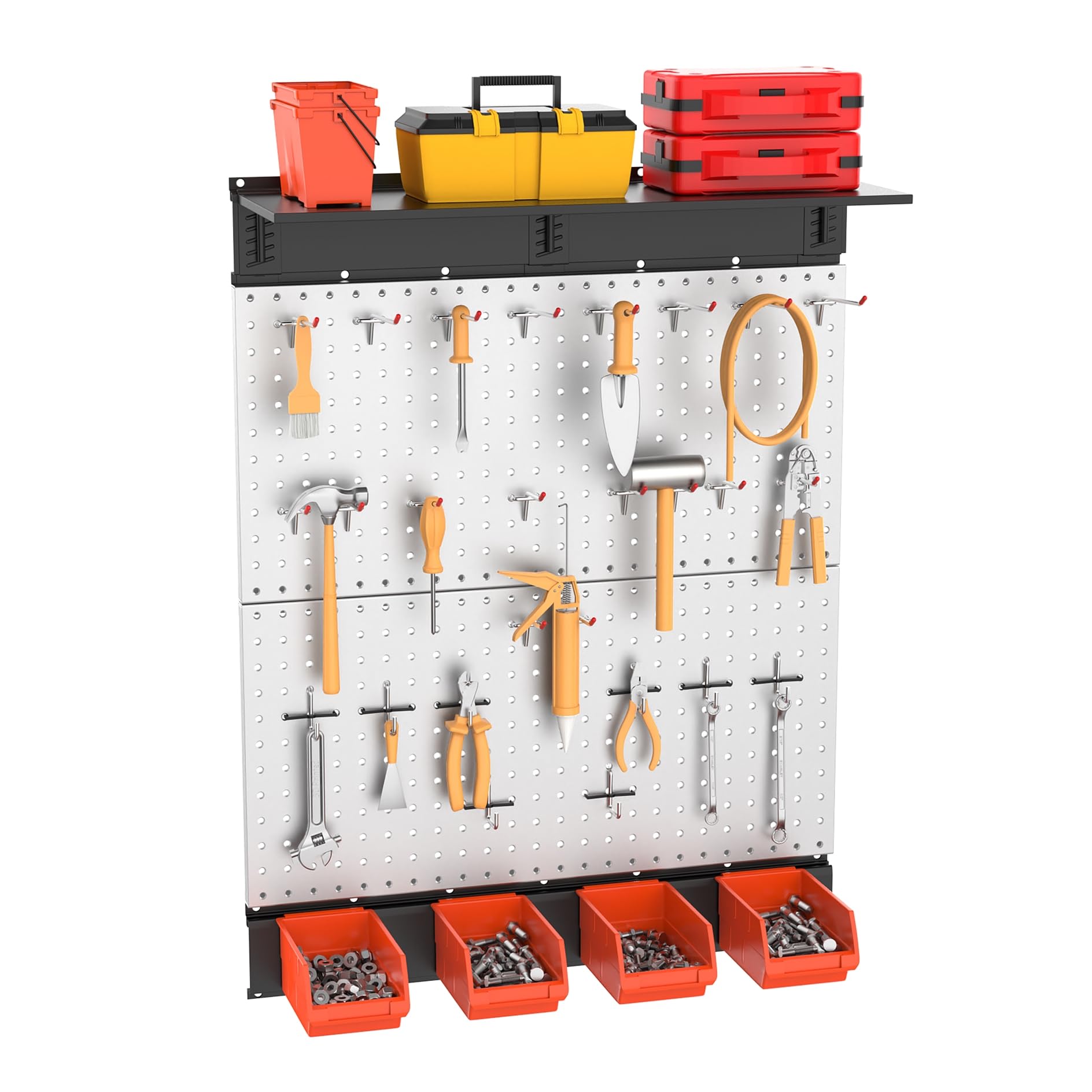 TORACK 69-Piece Metal Pegboard Kit with Hooks, Wall Mounted Bins & Shelf - Heavy Duty Garage Tool Organizer, Workshop Wall Storage System for Tools (Grey) - Perfect for Garage Organization, Workshop Tool Storage & DIY Projects