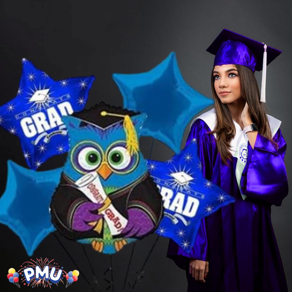 PMU Congrats Grad Balloon Bouquet - Graduation Decoration Mylar Balloons Set of 5 | Celebrate Success with Vibrant Blue 'Wise Owl Grad' Balloons | Perfect for Graduation Parties, School Events & Photo Backdrops