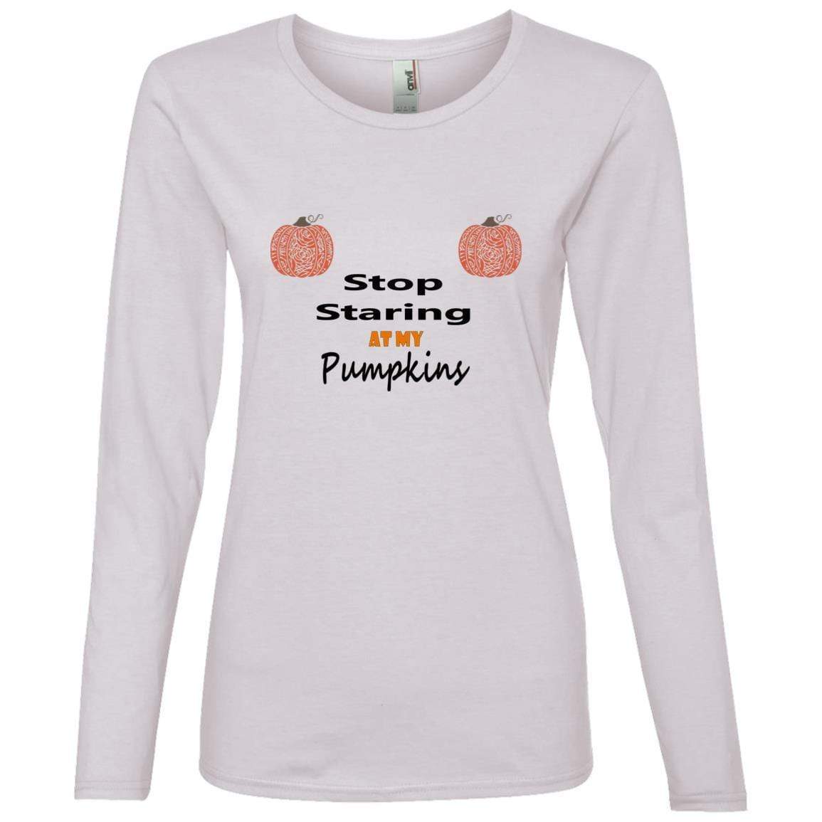 WineyBitches.Co Stop Staring At My Pumpkins Women's Lightweight Long Sleeve T-Shirt - Casual Fall Fashion for Pumpkin Patch Visits & Halloween Parties