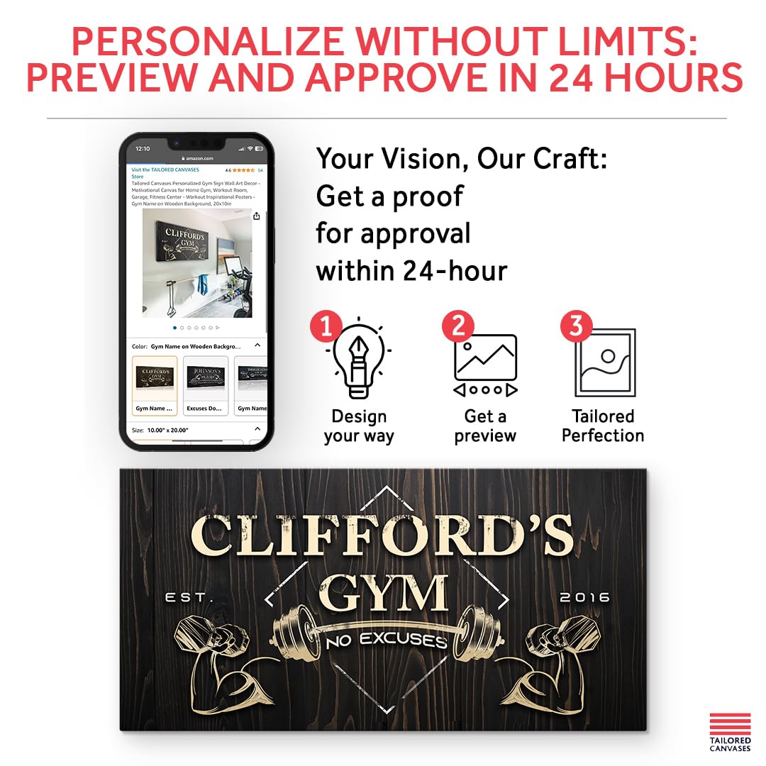 Personalized Gym Sign Wall Art - Custom Motivational Canvas for Home Gym, Workout Room & Fitness Center - Inspirational Workout Poster with Gym Name on Wooden Background - 20x10 Inch - Perfect for Garage, Office & Gym Decor