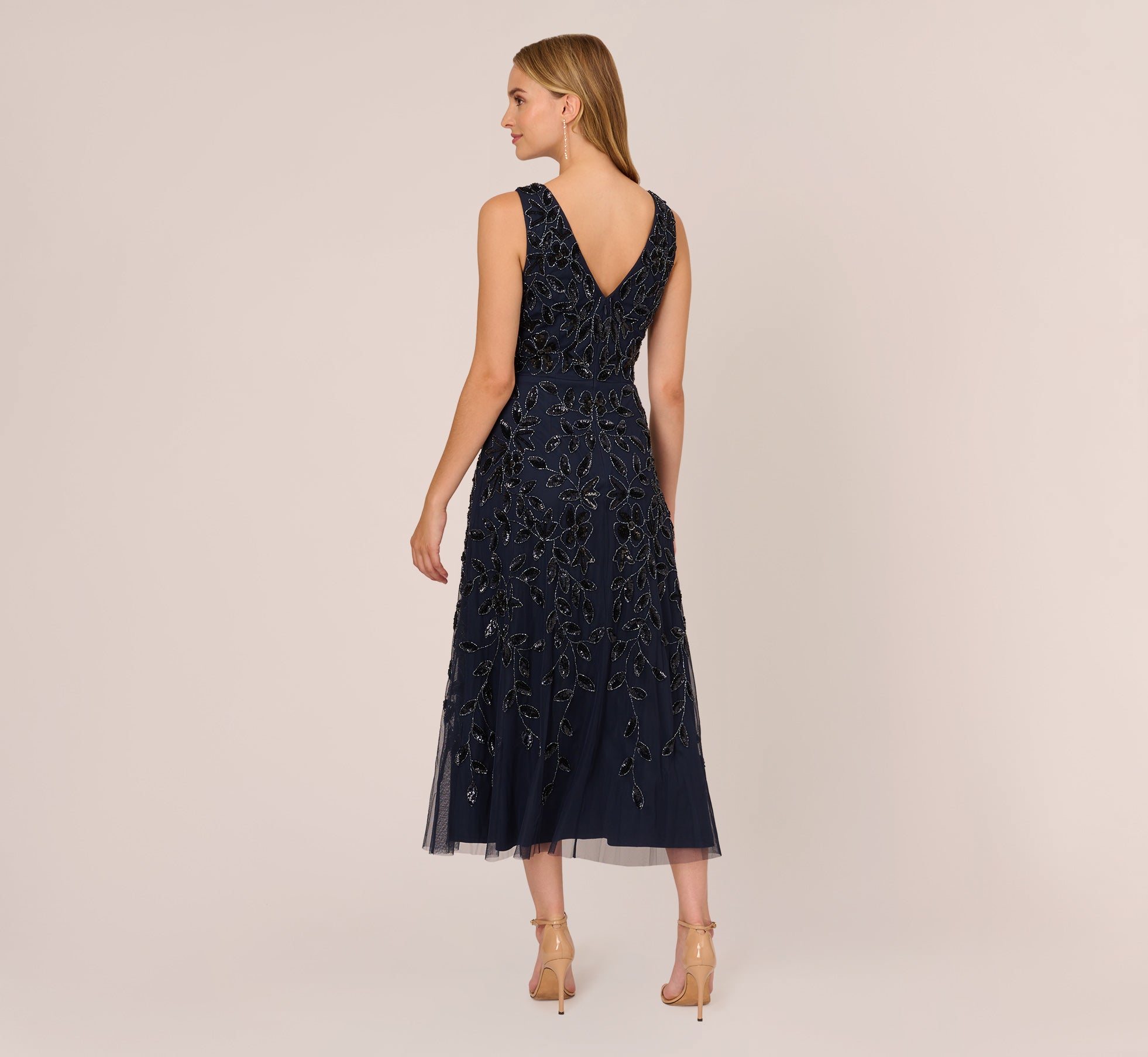 Navy Blue Floral Beaded Ankle-Length Sleeveless Evening Gown for Women - Perfect for Weddings, Prom, and Formal Events