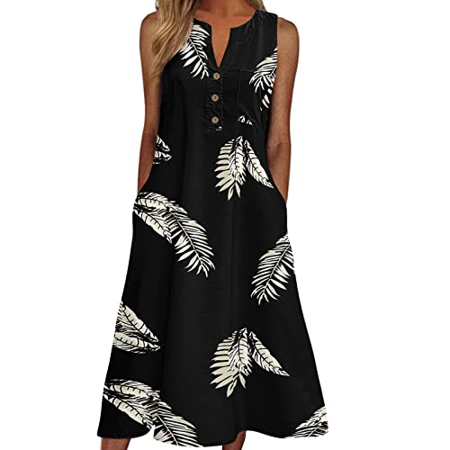 Sexy V-Neck Floral Feather Print Midi Dress for Women - Sleeveless Button-Up Casual Sundress with Pockets (Black, XL) | Perfect for Beach Vacations, Summer Parties & Date Nights