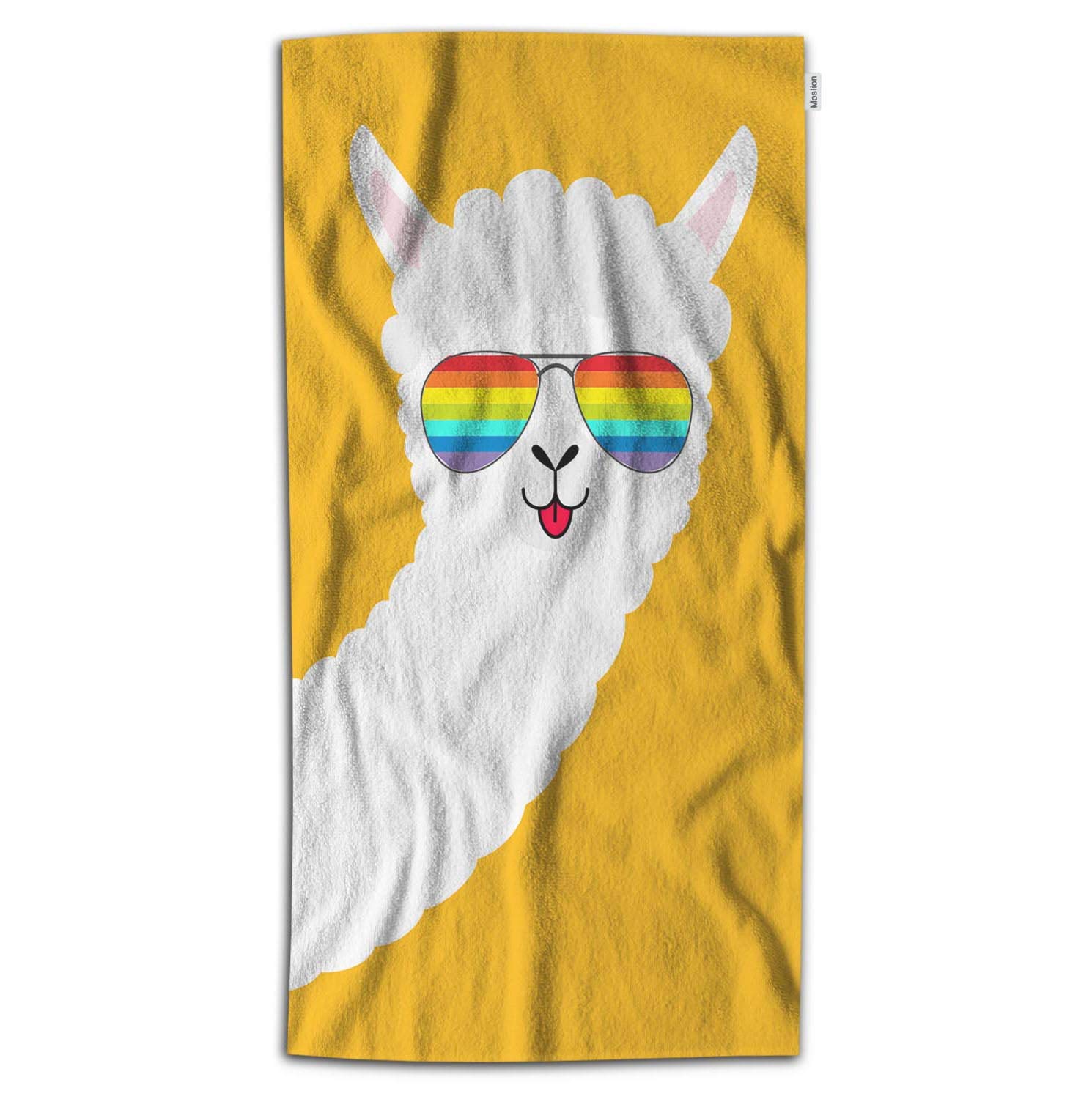Cute Alpaca Llama Face with Rainbow Sunglasses Microfiber Bath Towel - Soft 32x64 Inch Yellow & White Beach Towel for Kids, Baby Shower, Bathroom & Pool Party