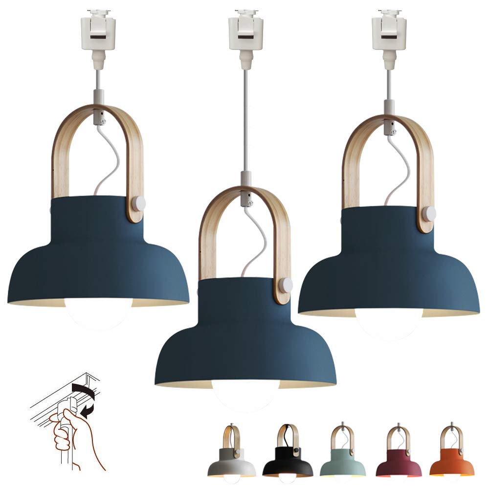 Dimmable Wooden Handle Pendant Light - Juno-Style Track Lighting with Modern Macaron Blue Iron Shade - Instant On Track Mount for Kitchen Island - Customizable 3-Light Set - Perfect for Dining Room, Bar Counter, and Modern Home Decor