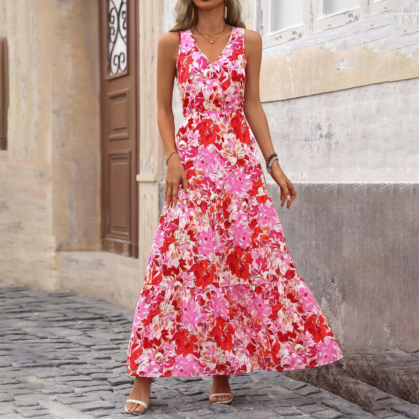 Elegant Floral Sleeveless Maxi Dress for Women - V Neck Tiered Summer Garden Party Dress | Perfect for Weddings, Beach Vacations & Outdoor Events