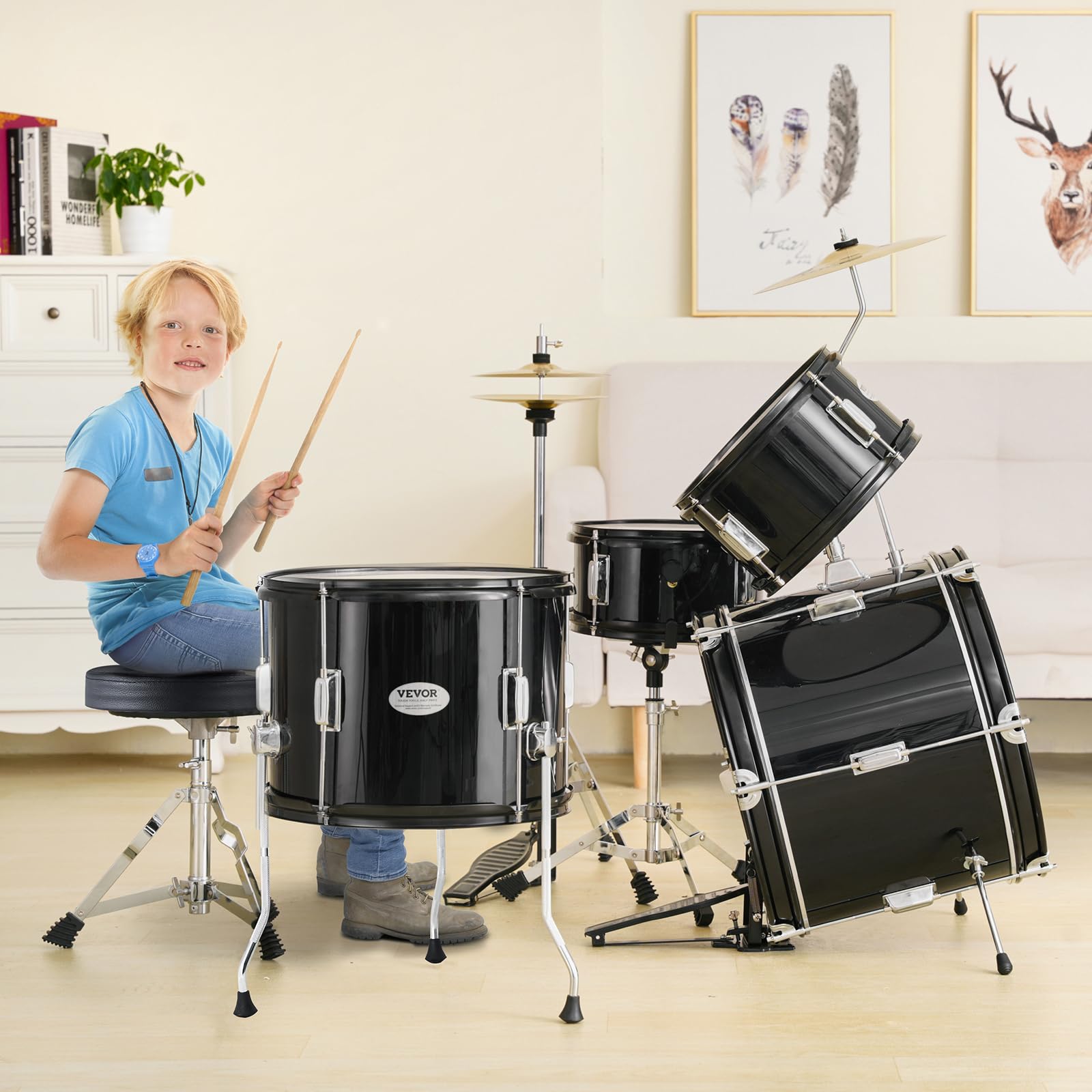 VEVOR 5-Piece Junior Drum Set for Kids & Beginners - 16 Inch Adjustable Drum Kit with Throne, Sticks, Cymbal, Pedal, Tom Snare Bass - Perfect Starter Drumset for Children's Music Practice & Home Play (Black)