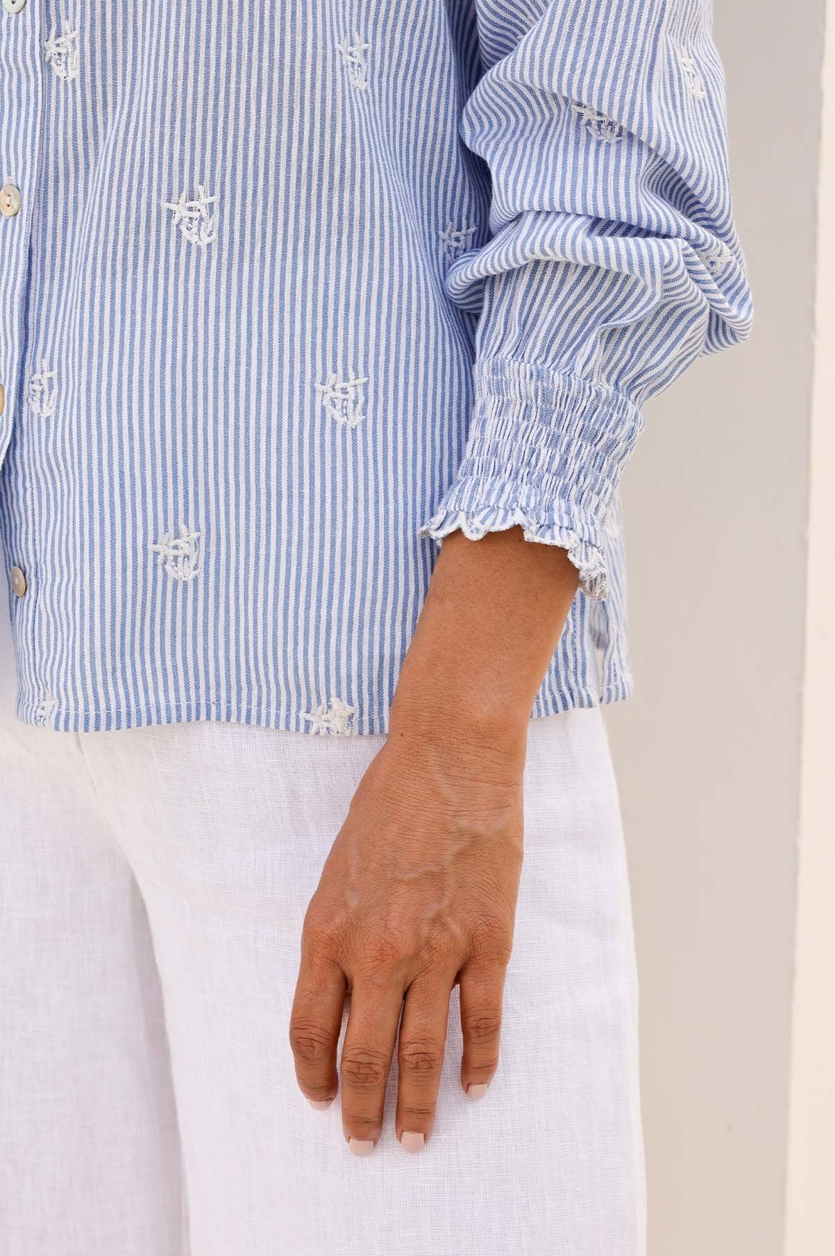 Cosima Organic Cotton Shirt for Women - Soft Breathable Blue & White Striped Tops - Perfect for Casual Wear, Office & Summer Outfits