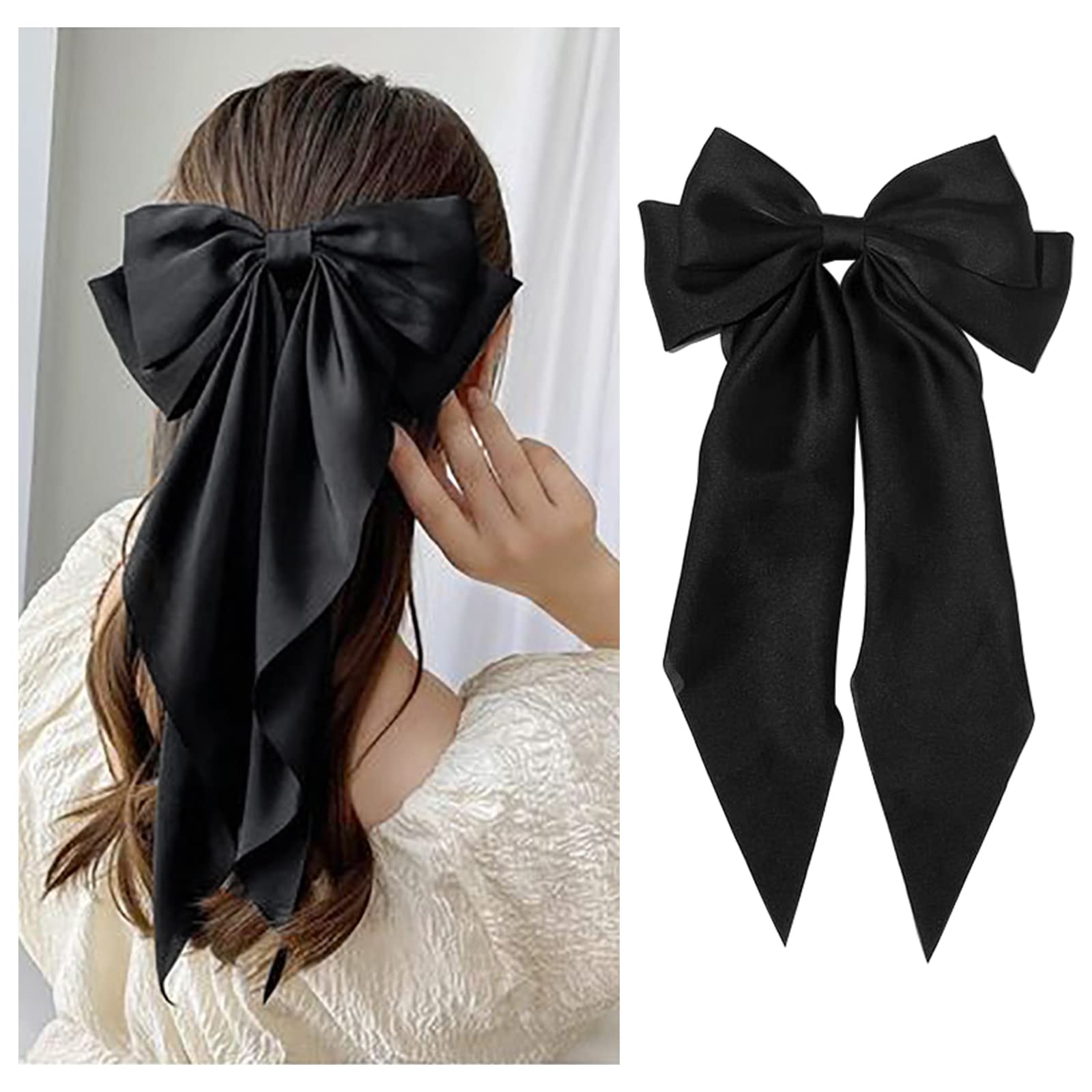 1PC Large Satin Hair Bows for Women & Girls - Black Silk Ribbon Hair Barrettes, Giant Long Bow Hair Clips, Ponytail Holder Accessories - Perfect for Weddings, Parties, and Everyday Elegant Styling