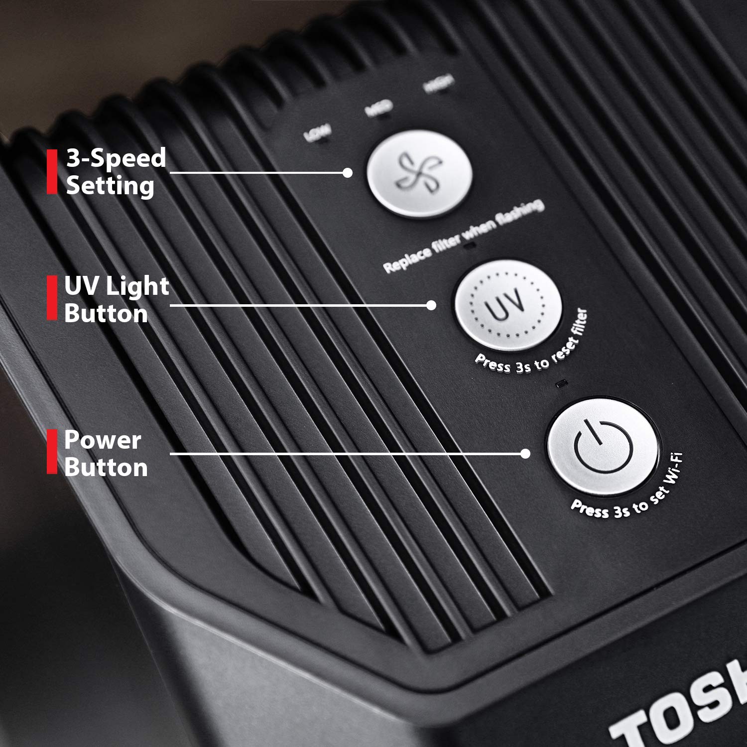 Toshiba CAF-W36USW Air Purifier with UV Light Sanitizer - Eliminates Smoke, Dust, Odors, Pollen & Pet Hair - Ideal for Home, Office & Bedroom Use - Black