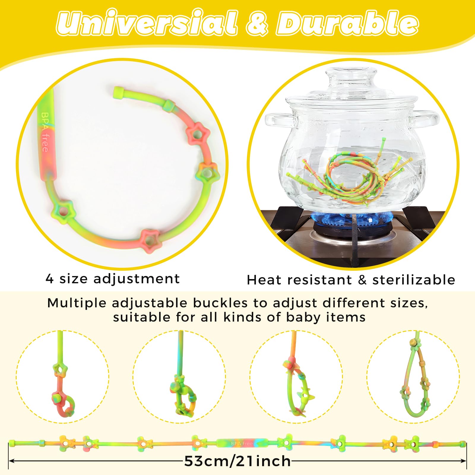 Baby Safety Straps - 4 Pack Silicone Pacifier Clips & Toy Tethers for Stroller, Car Seat, High Chair | BPA-Free Teething Straps with Busy Links | Travel Essentials for Infants & Toddlers (Use for Pacifiers, Bottles, Toys in Car, Stroller, Crib or High Chair)
