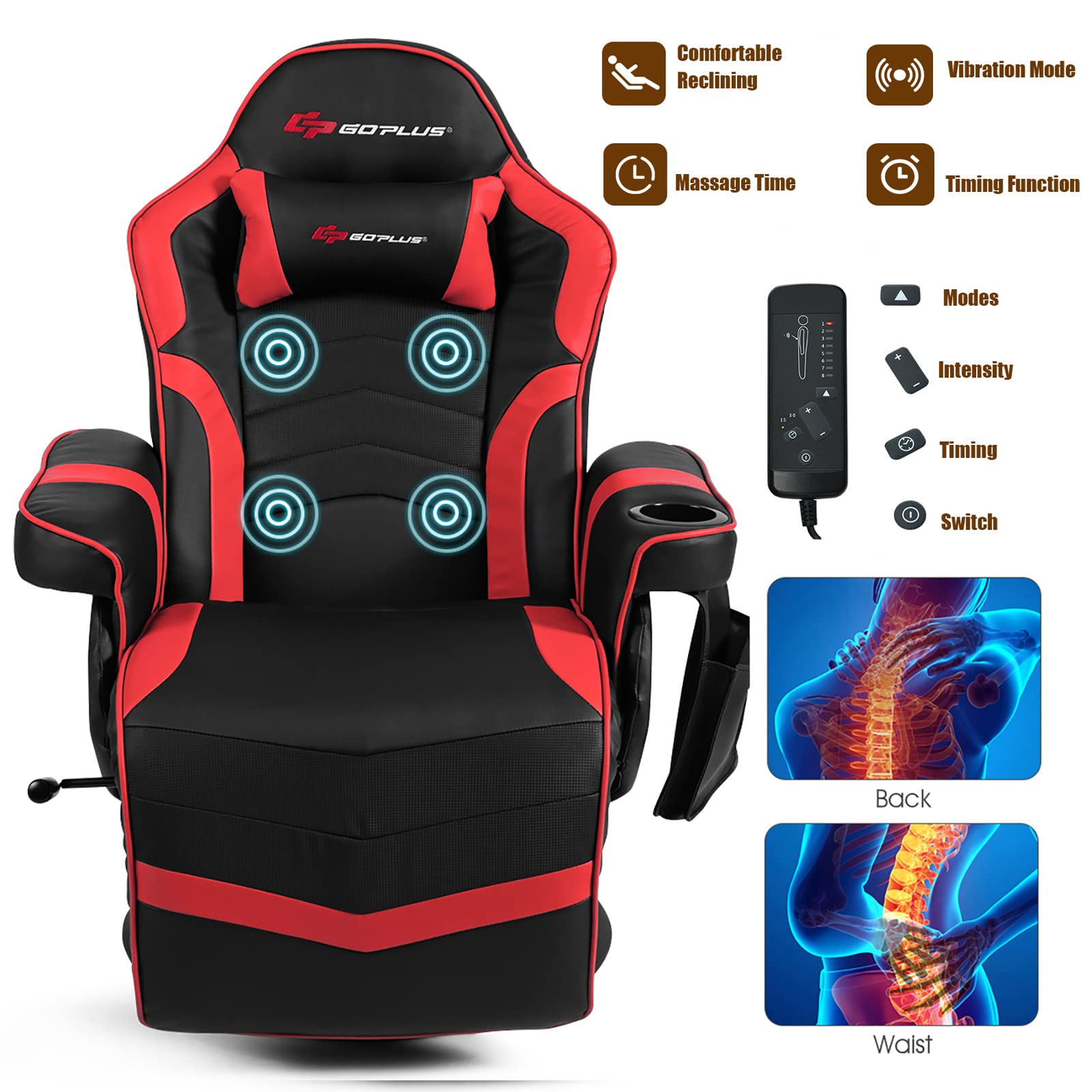 Powerstone Ergonomic Gaming Recliner Chair with Massage & Footrest - PU Leather Video Game Chair with Adjustable Headrest, Cup Holder & Side Pouch - Perfect for Gaming, Living Room & Home Theater Relaxation (Red)