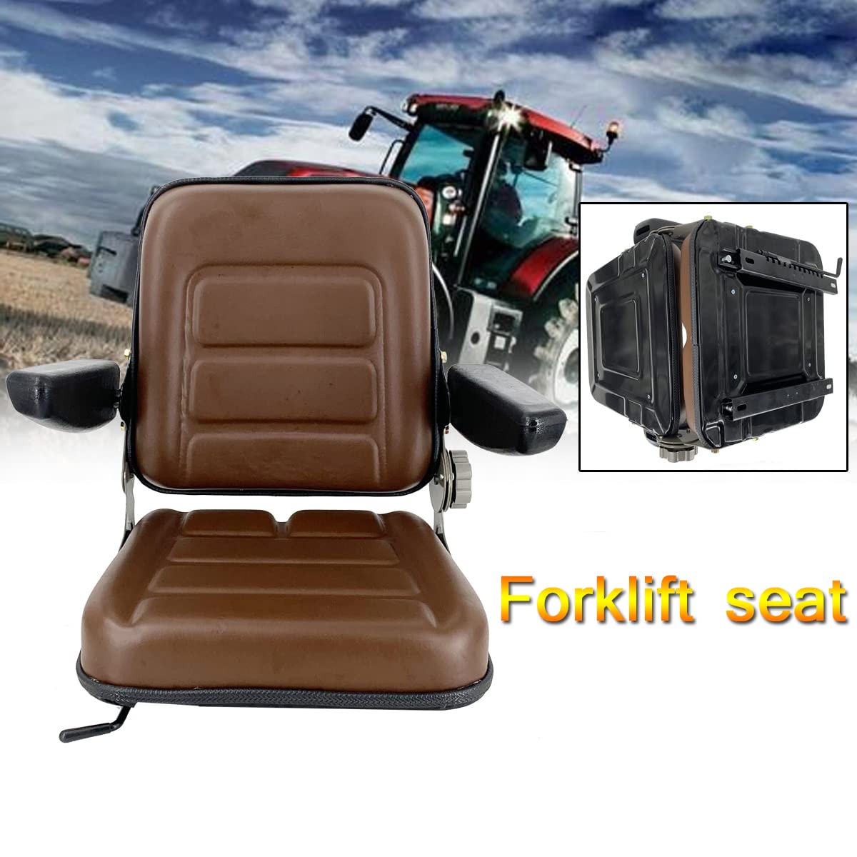 Universal Forklift Seat Replacement - Adjustable Brown Tractor Seat with PVC Cover, Foldable Design & Armrests | Fits Forklifts, Tractors, Skid Steers | Perfect for Construction, Farming & Industrial Equipment Comfort