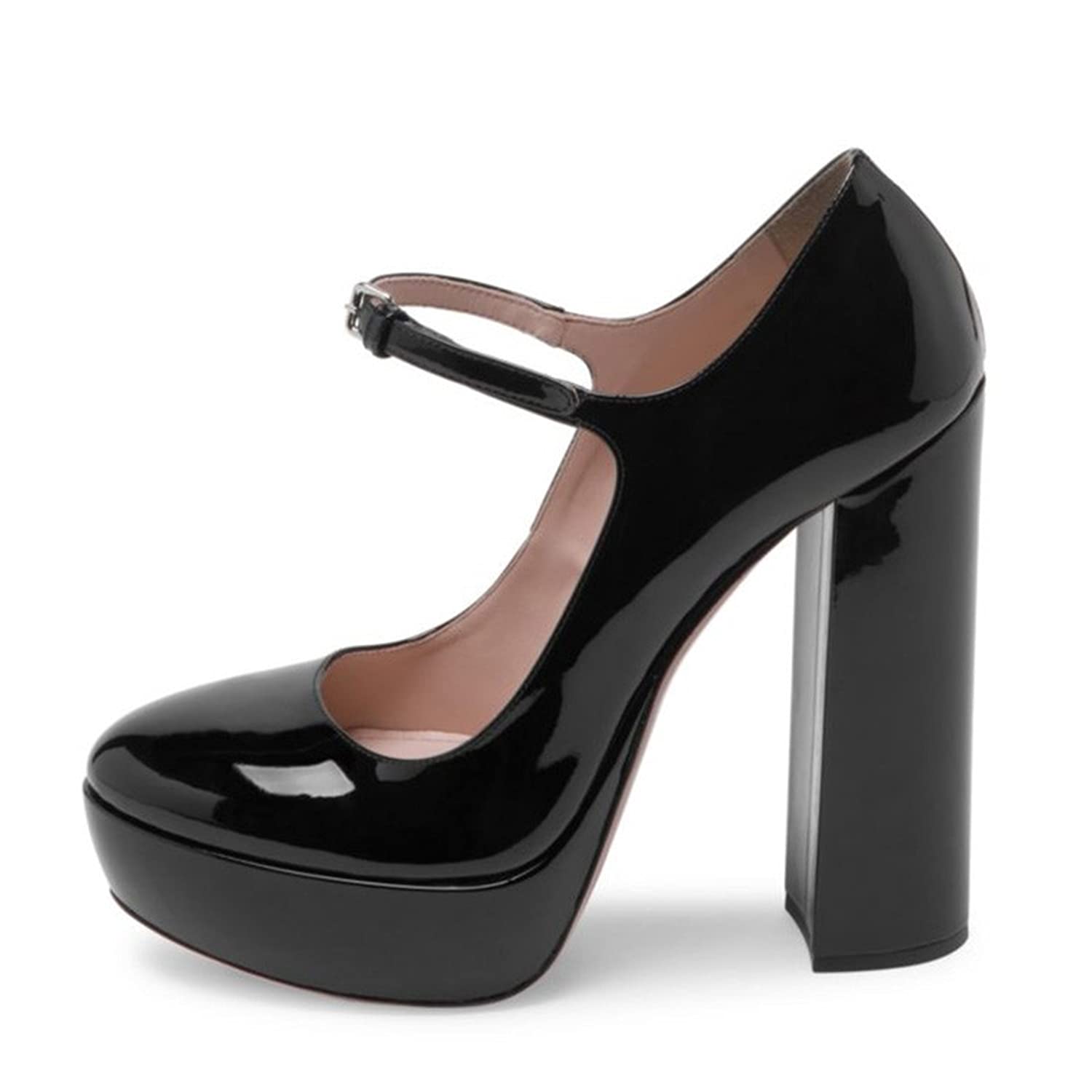 FOWT Women's Black Round Toe Chunky Heel Platform Pumps - Adjustable Mary Jane Strap with Silver Buckle - Patent Leather Dress Shoes for Party, Work & School - US Sizes 4-16 | Comfortable Office Heels for Women
