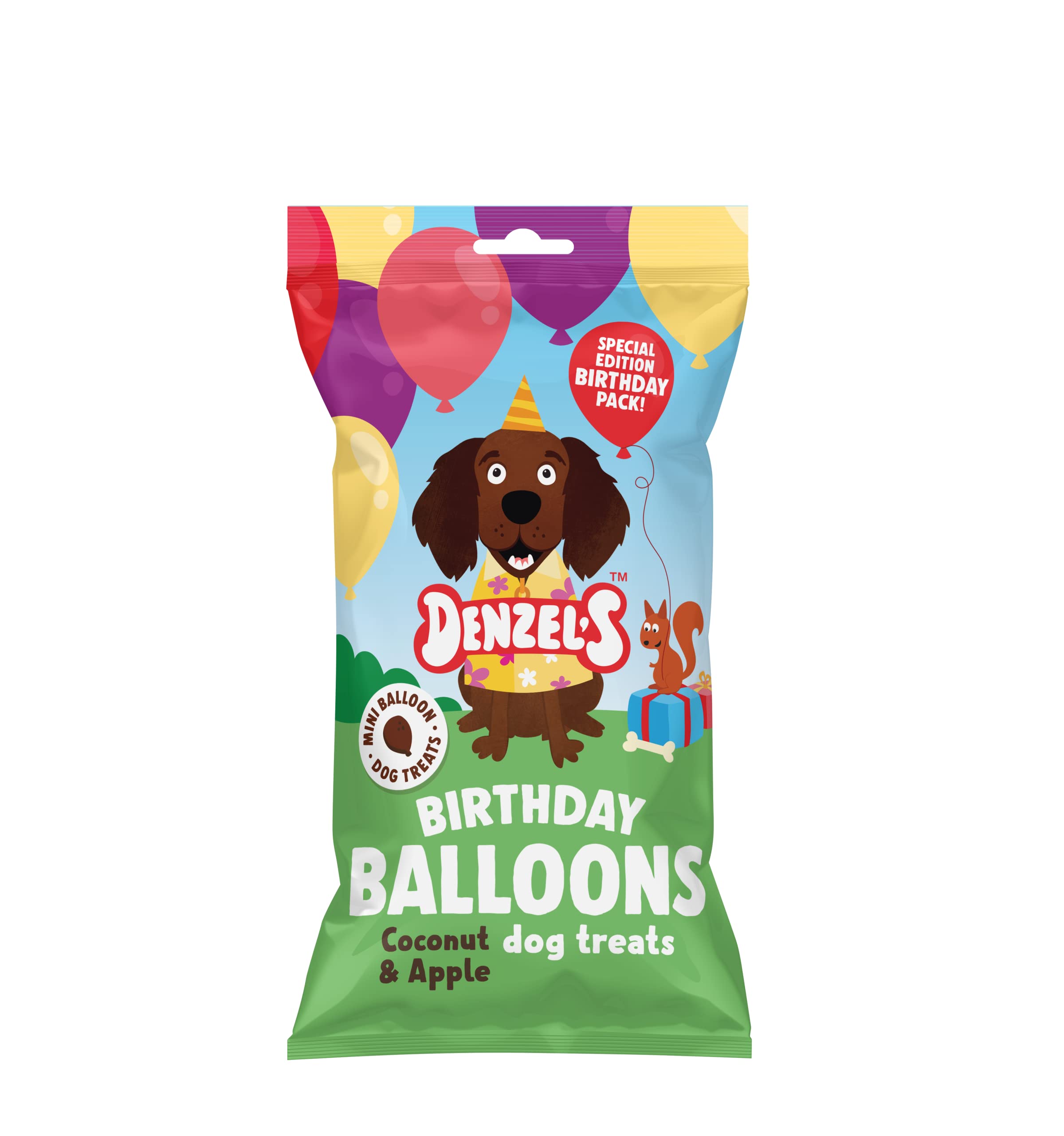 Denzel's Mini Birthday Gift Box for Dogs - Peanut Butter & Strawberry Cake Chews + Coconut & Apple Balloon Shaped Treats (110g) - Perfect for Birthday Parties, Puppy Celebrations & Special Occasions