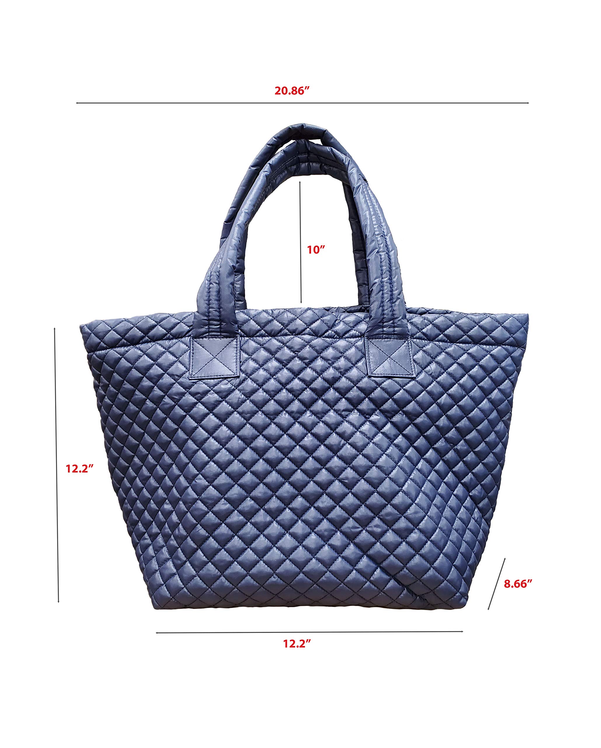 Stylish Navy Quilted Tote Bag with Love Heart Embroidery - Lightweight, Water Repellent & Includes Pouch - Perfect for Work, Travel & Everyday Use