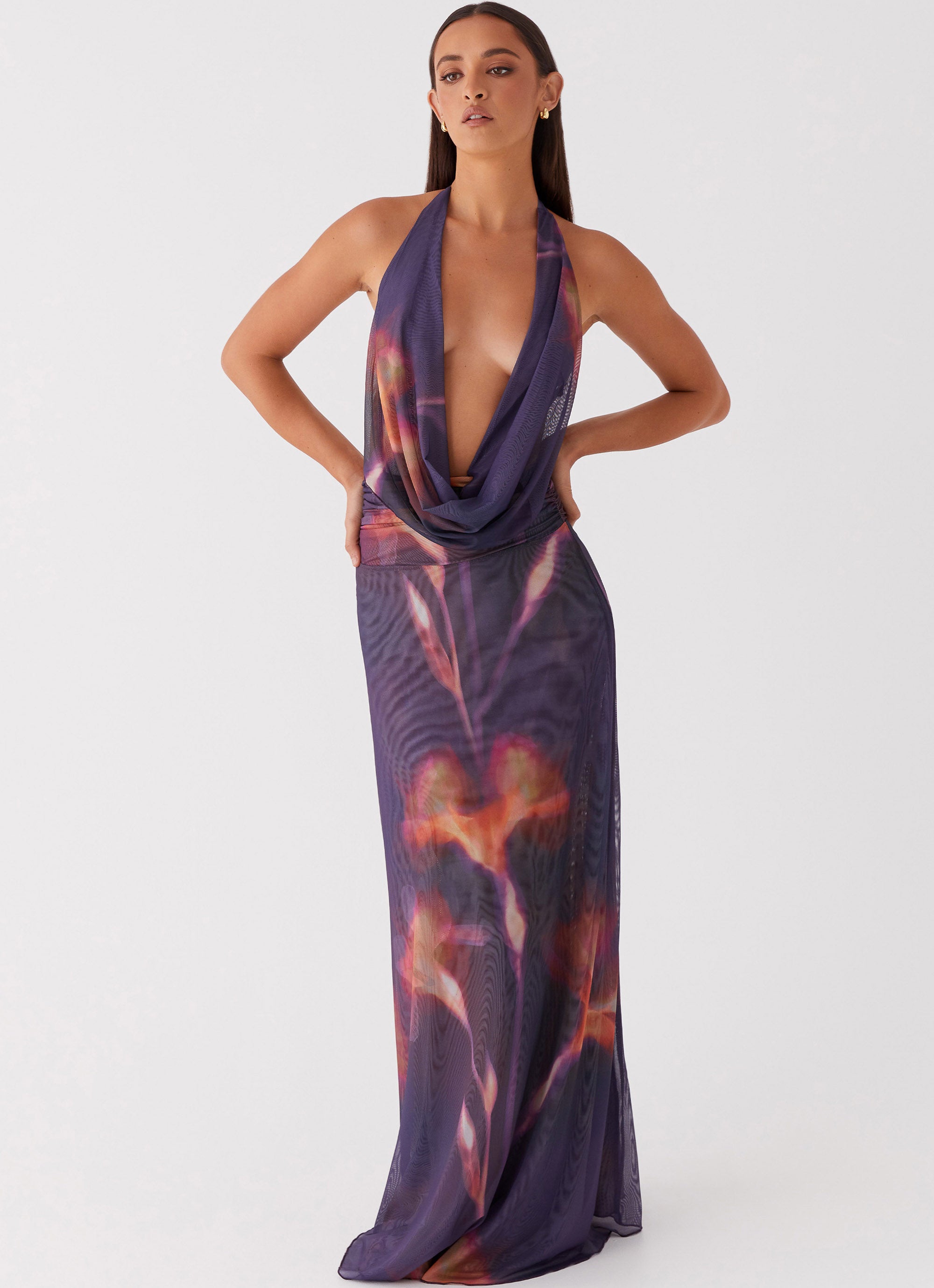 Elysia Mesh Maxi Dress - Floral Lace Long Evening Gown for Women, Elegant Party Dress with Sheer Overlay, Perfect for Weddings, Prom & Special Occasions