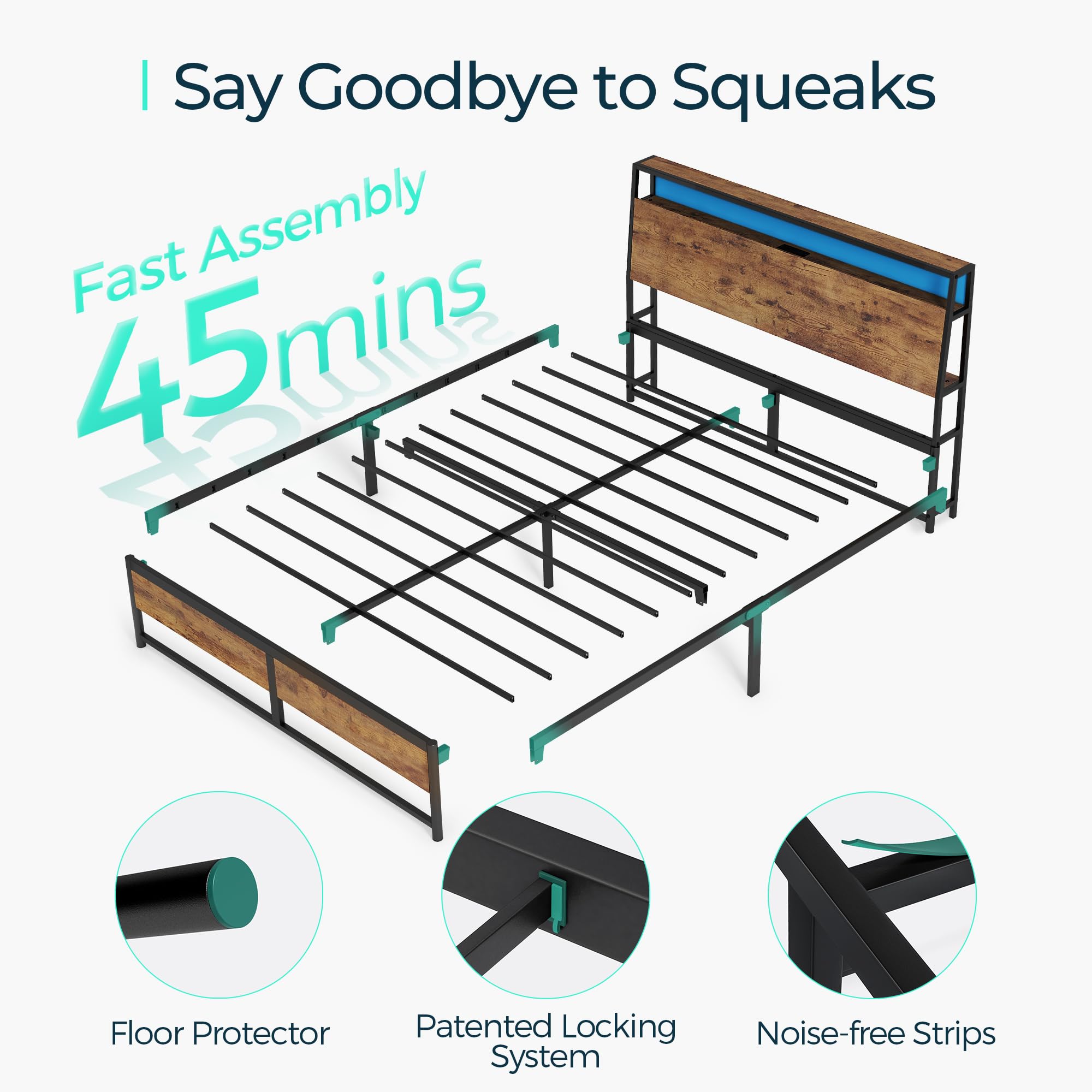 LINSY Queen Size Bed Frame with Ergonomic Headboard & Built-in Lights - 14 Inch Metal Industrial Platform Bed with USB Charging & Underbed Storage, No Box Spring Needed, Rustic Brown - Perfect for Modern Bedrooms, Guest Rooms & Small Apartments
