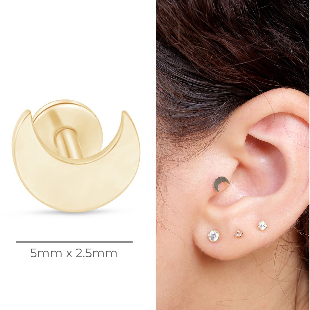 14K Yellow Gold Crescent Moon Flat Back Stud Earrings - Dainty Minimalist Jewelry for Everyday Wear, Gifts & Special Occasions