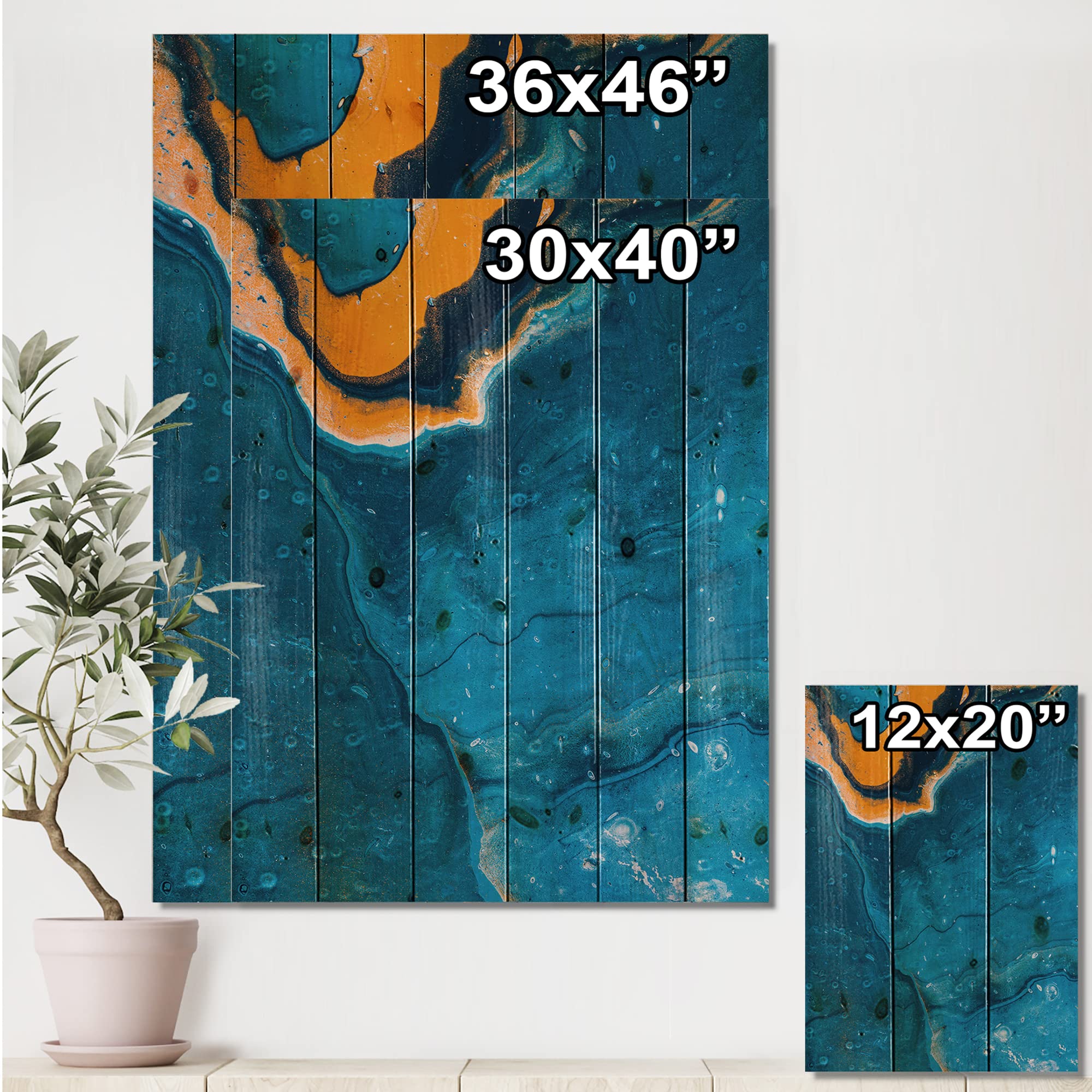 Abstract Marble Wood Wall Art - Blue & Orange Modern Decor for Living Room
